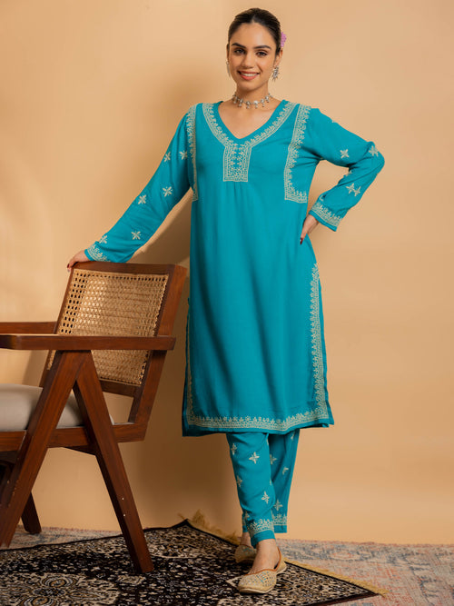 Fizaa's Chikankari Cord Set for Women - Turquoise blue