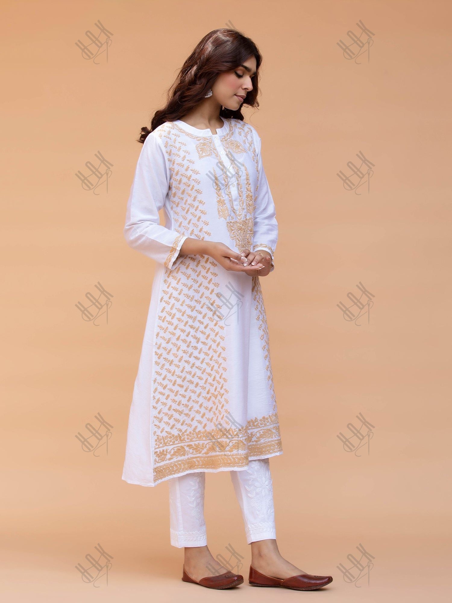 Saba Chikankari Long Kurta in Chanderi Silk with Beige