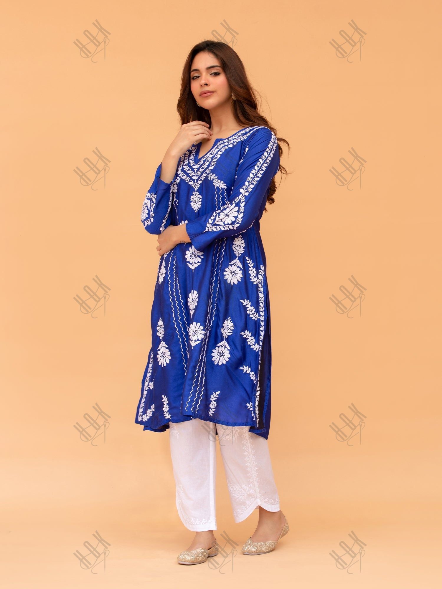 Saba Chikankari Long Kurta in Barfi Silk - Blue