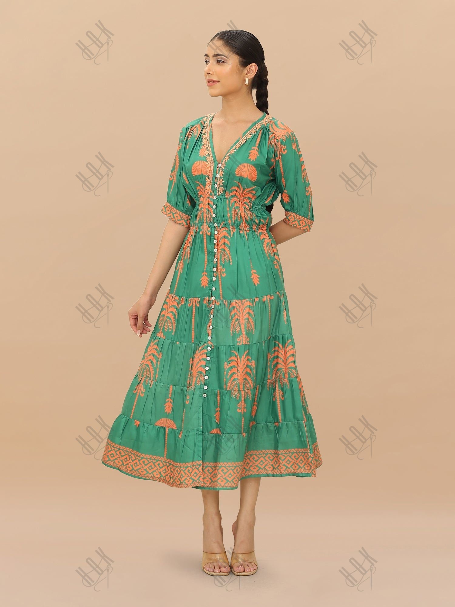 Saba Chikanakri Dress in Printed Muslin  - Green