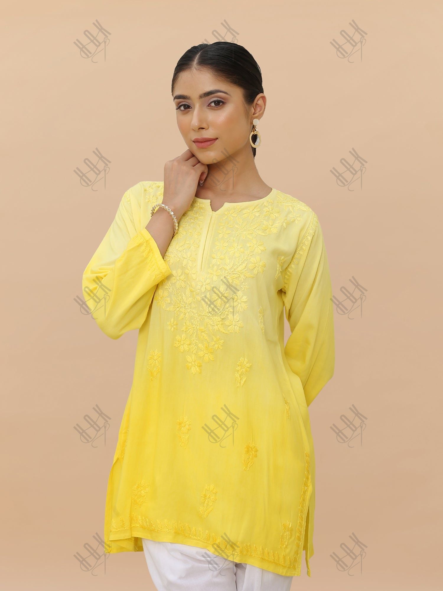 Saba Chikankari Short Kurta in Rayon cotton - Yellow