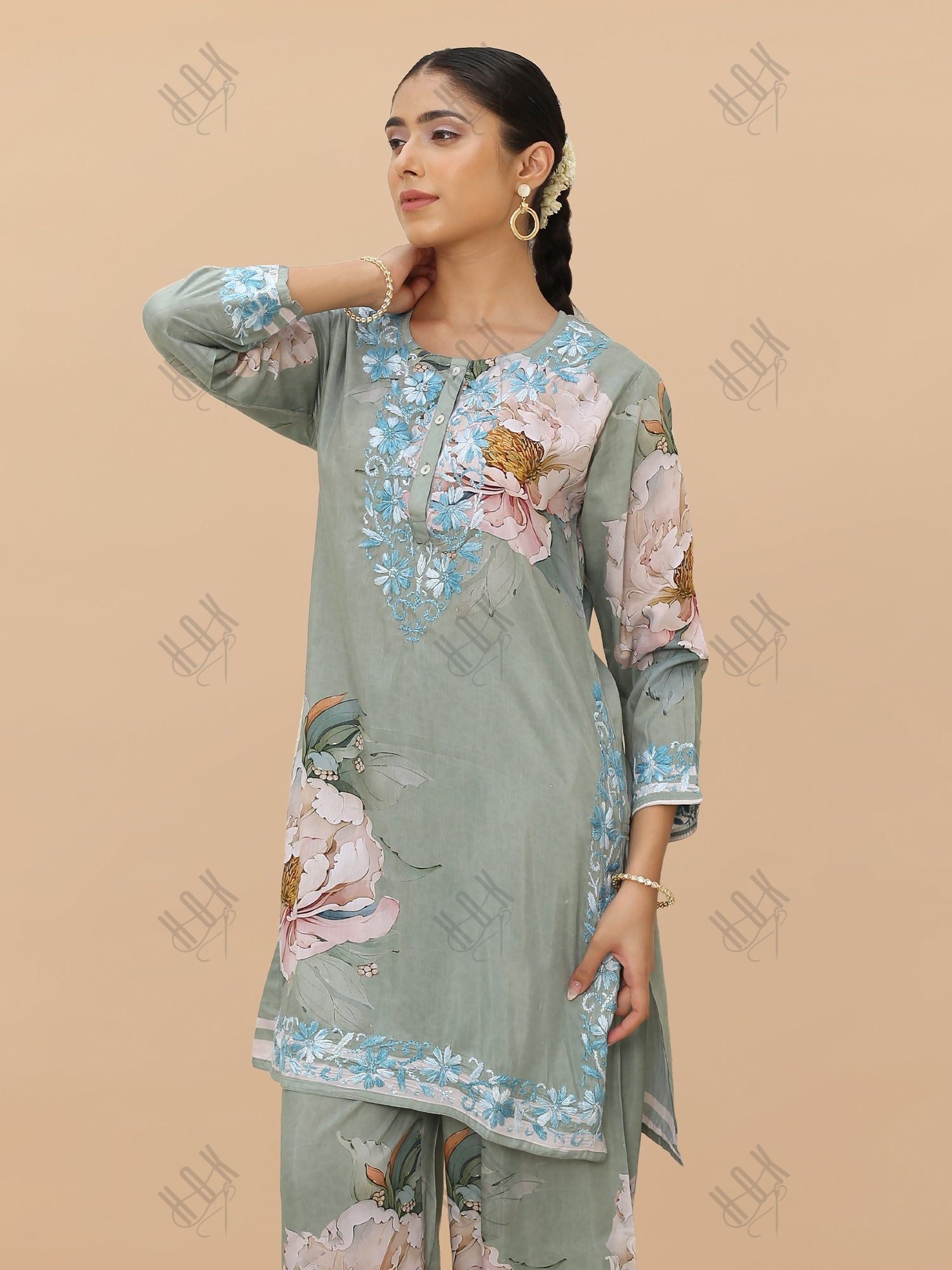 Saba Chikankari Set in Printed Polysilk -  Floral Green