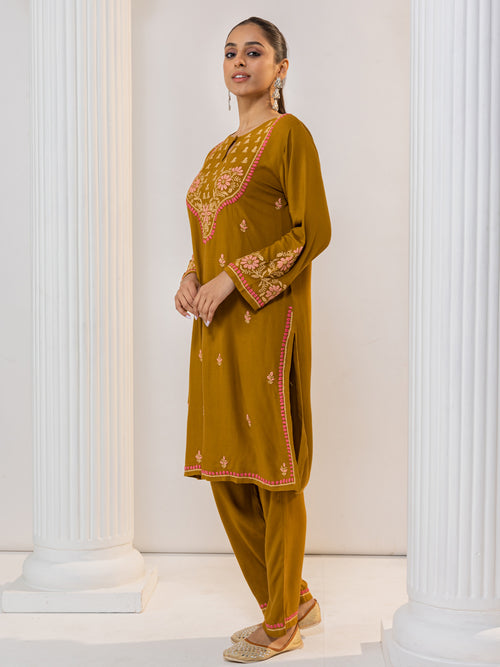 Saba Chikankari Notch Neck Cotton Silk Kurta Set for Women - Mustard