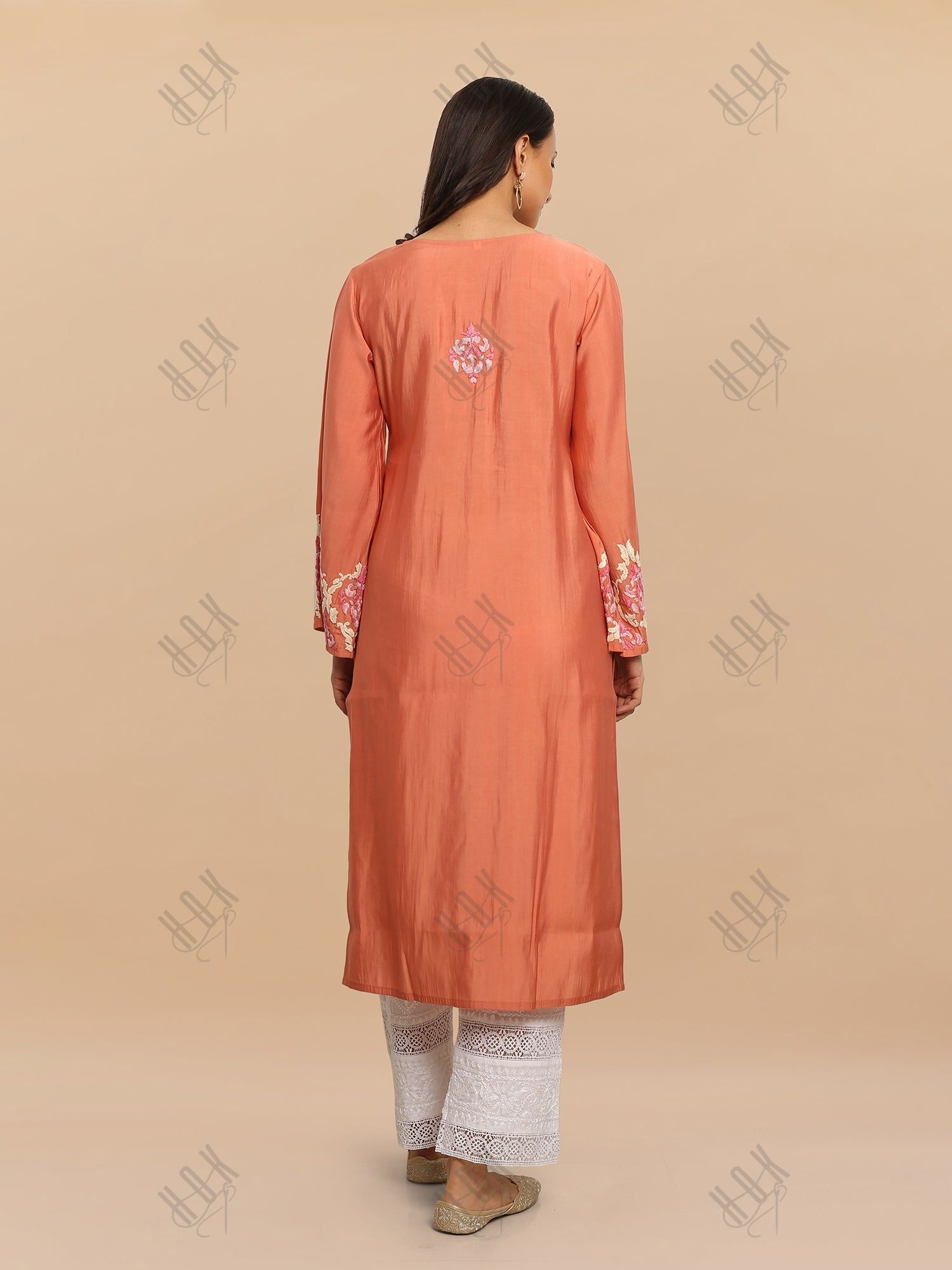 Saba Chikankari Long Kurta in Modal Silk - Peach