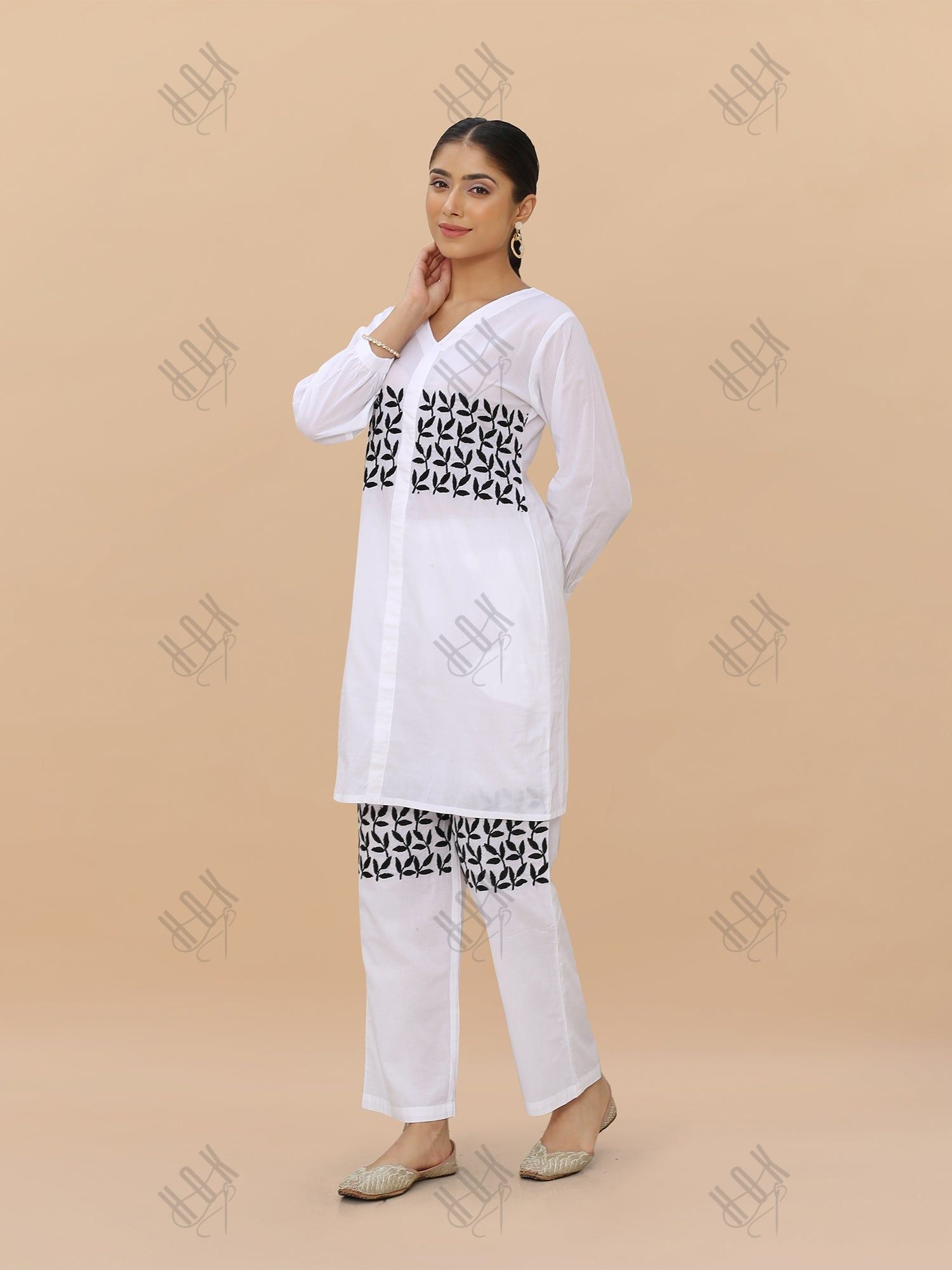 Saba Chikankari Cord Set in Cambric cotton - White with Black