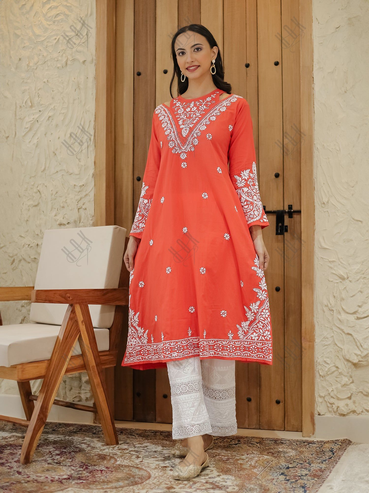 Saba Chikankari Long kurta in cotton - Red