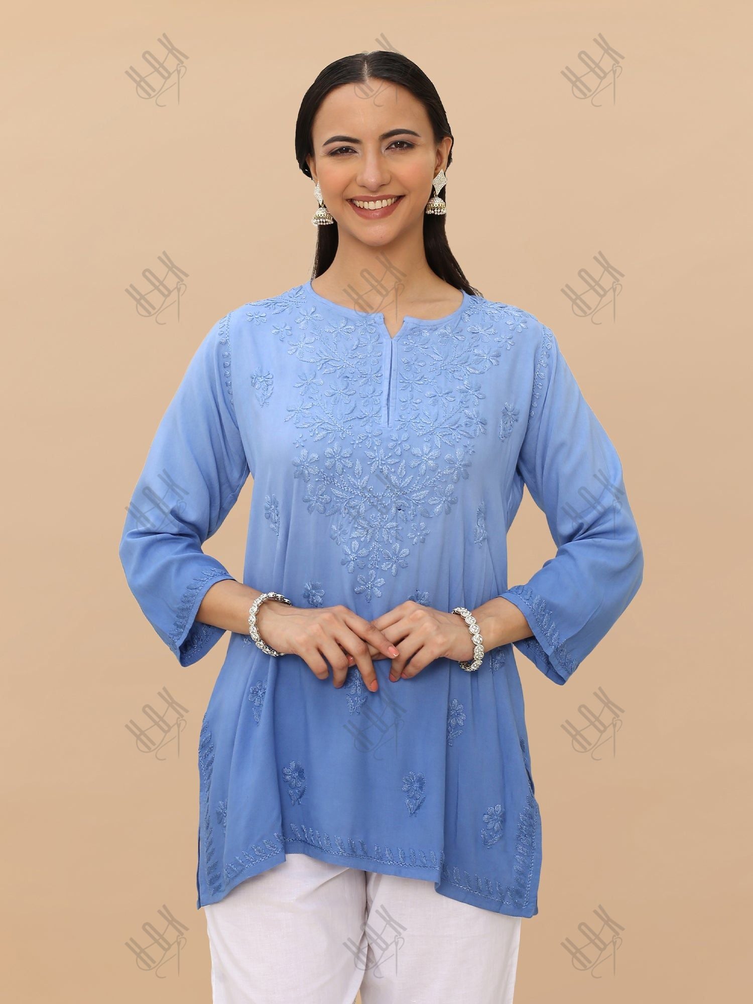 Saba Chikankari Short Kurta in Rayon cotton - Blue