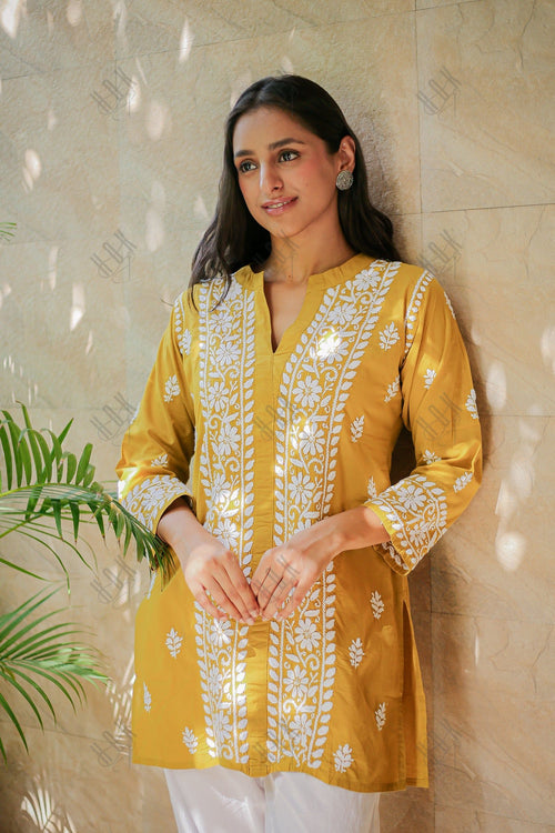 Saba Chikankari Short Kurta In Slub Cotton - Mustard
