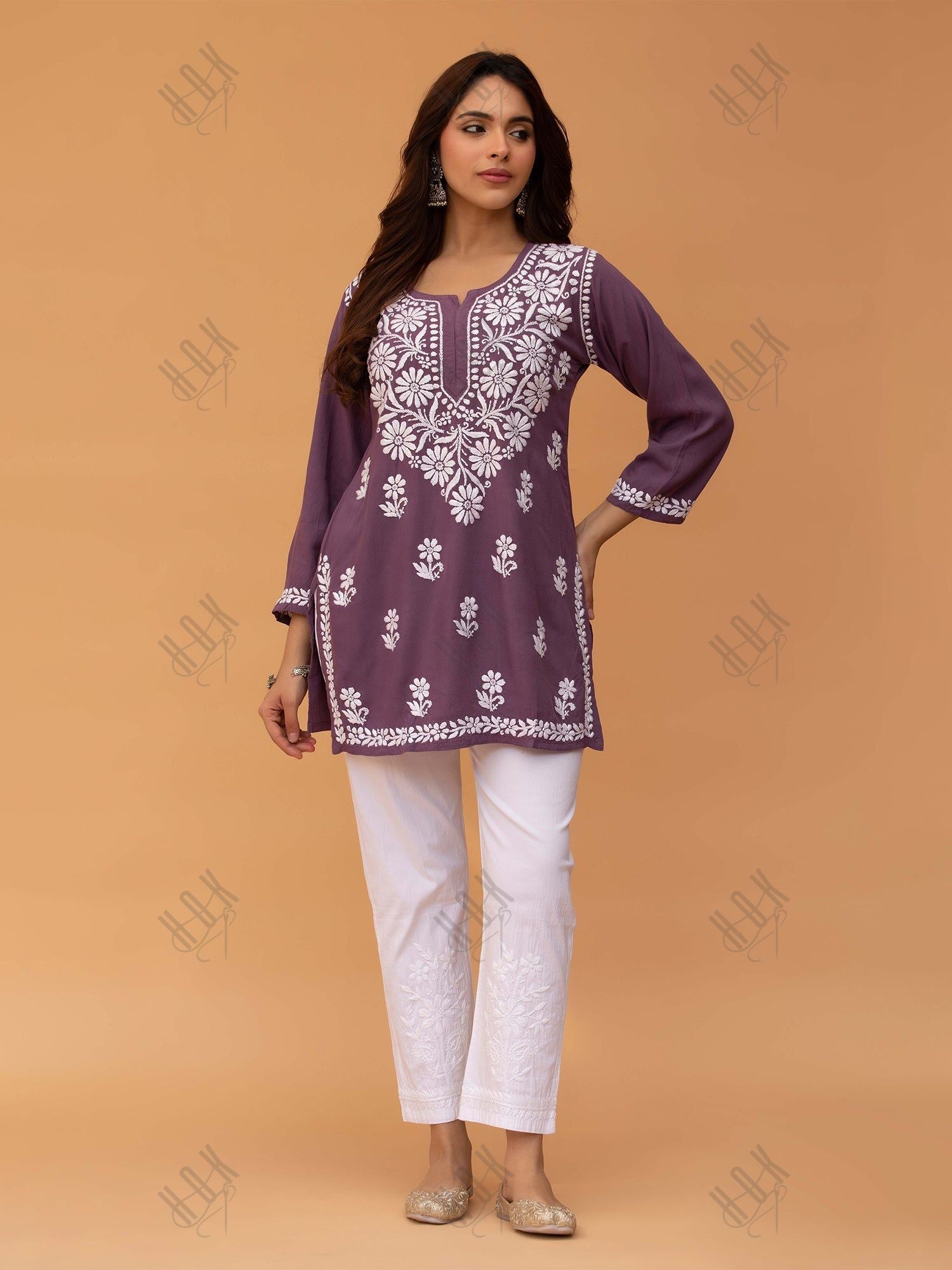 Saba Chikankari Short Kurta in Rayon cotton - Purple