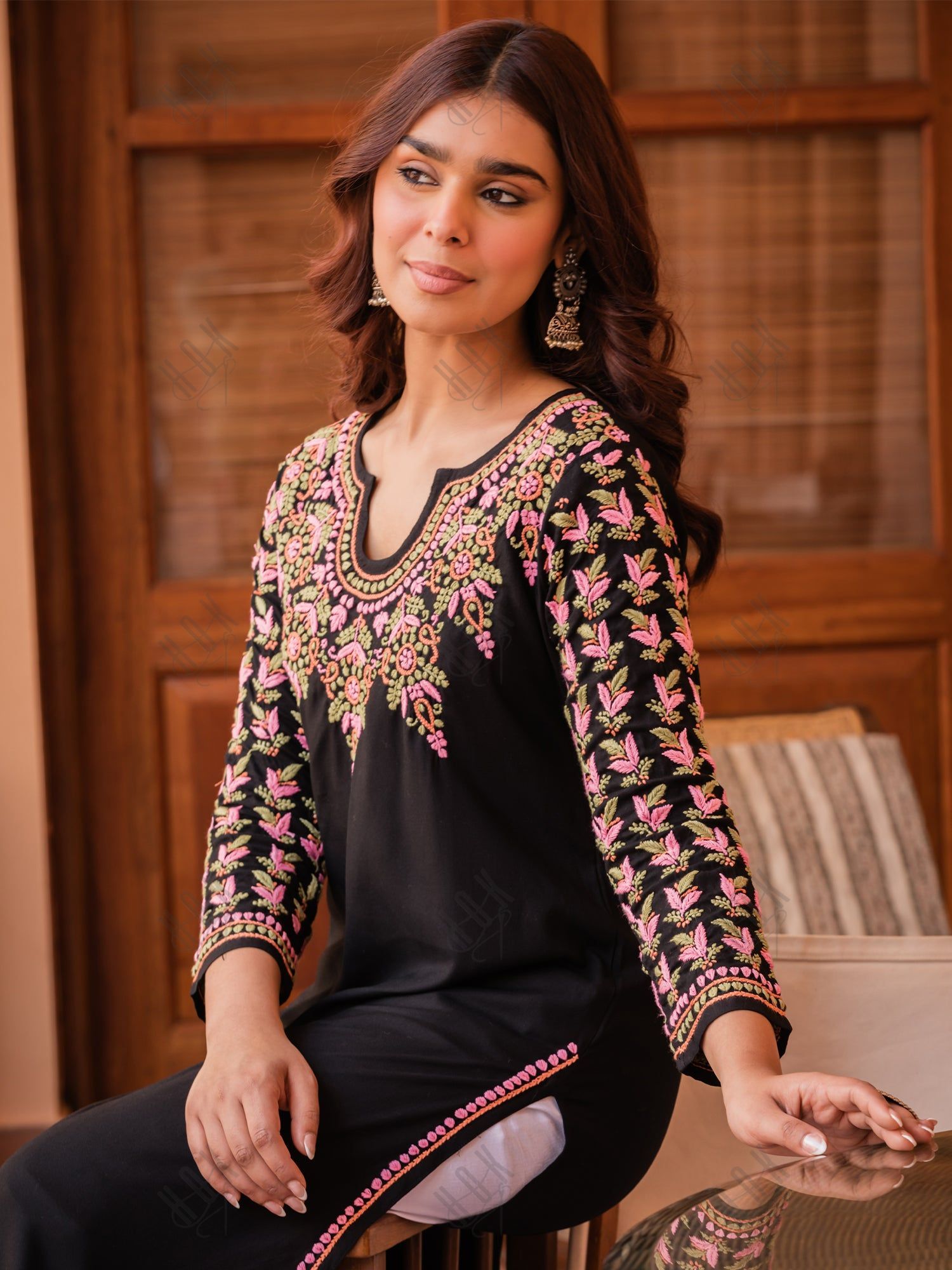 Saba Chikankari Kurta in Rayon Cotton - Black