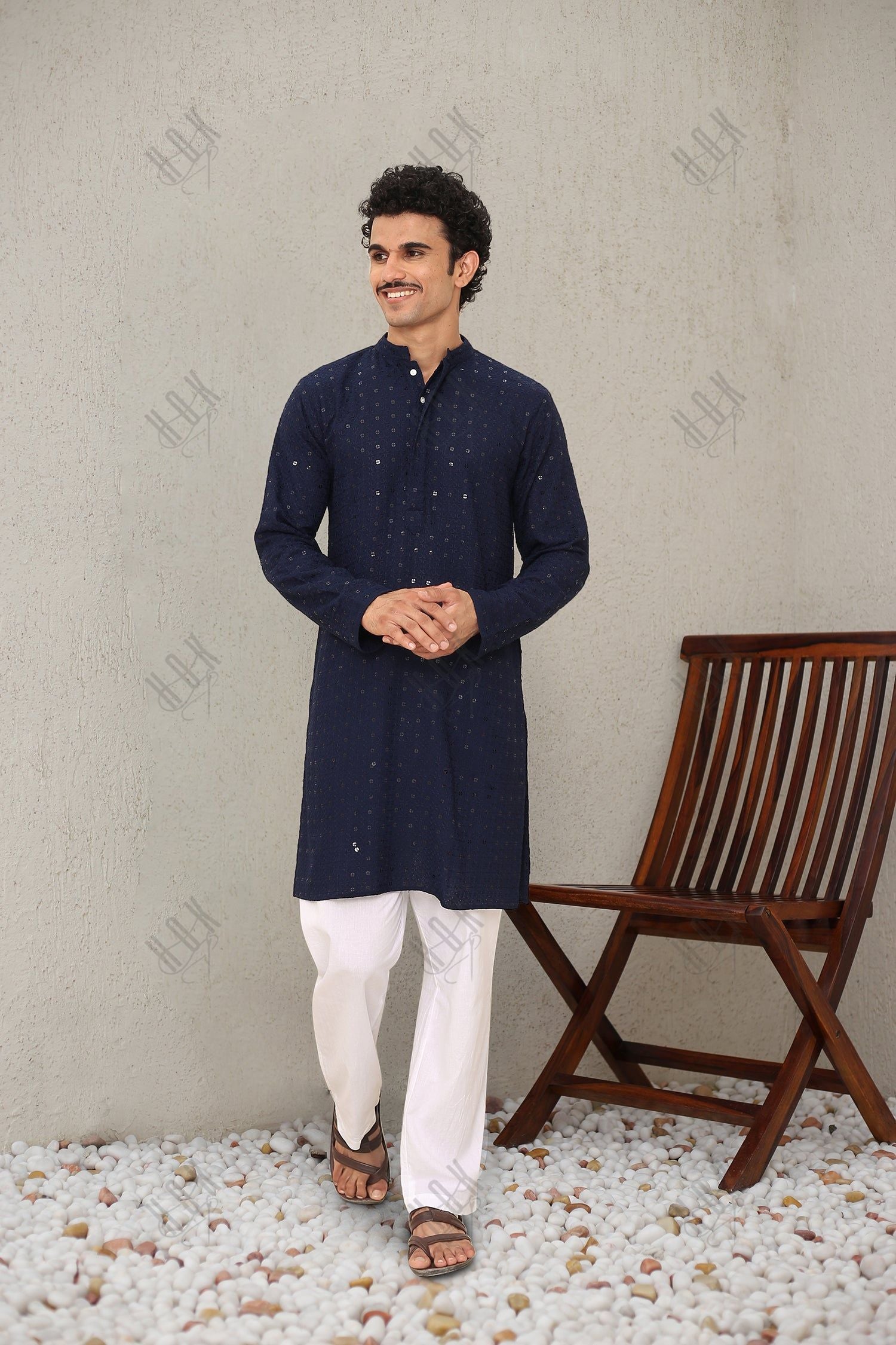 Men's Kurta In  Chikankari Rayon  - Navy Blue