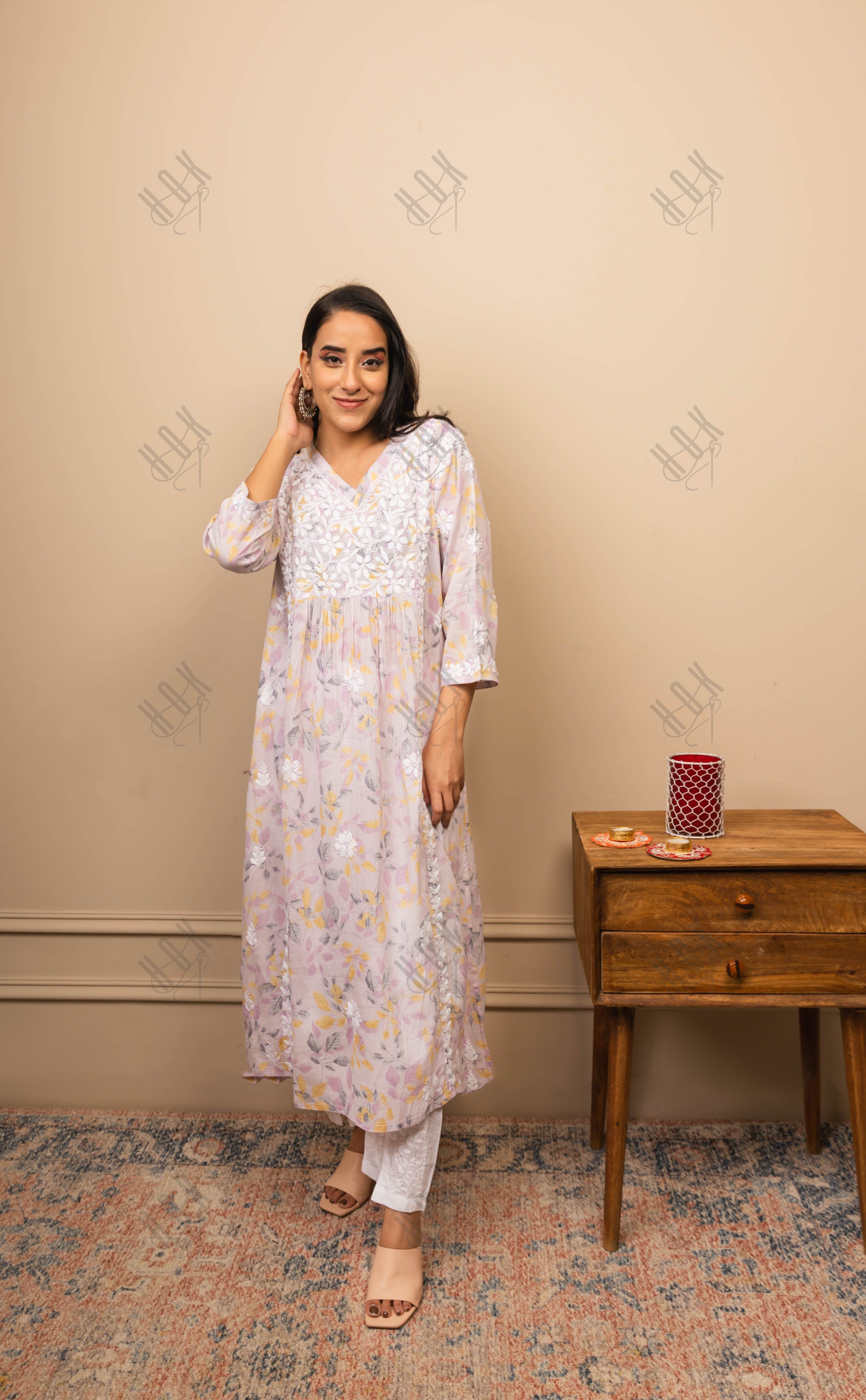 Fizaa Chikankari Long Kurta in Mul Cotton for Women- Purple Print