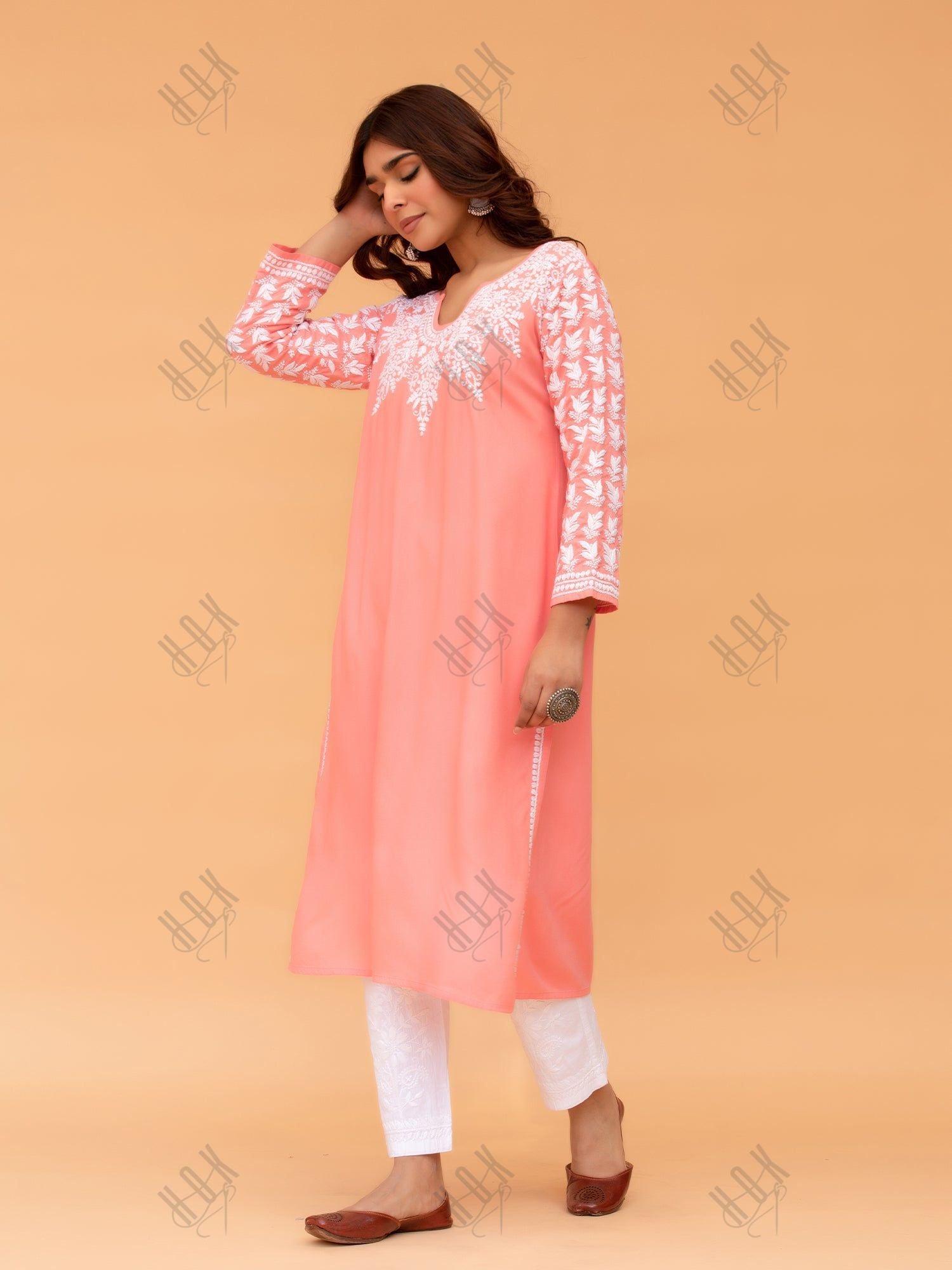 Saba Chikankari Long Kurta in Rayon cotton - Pink