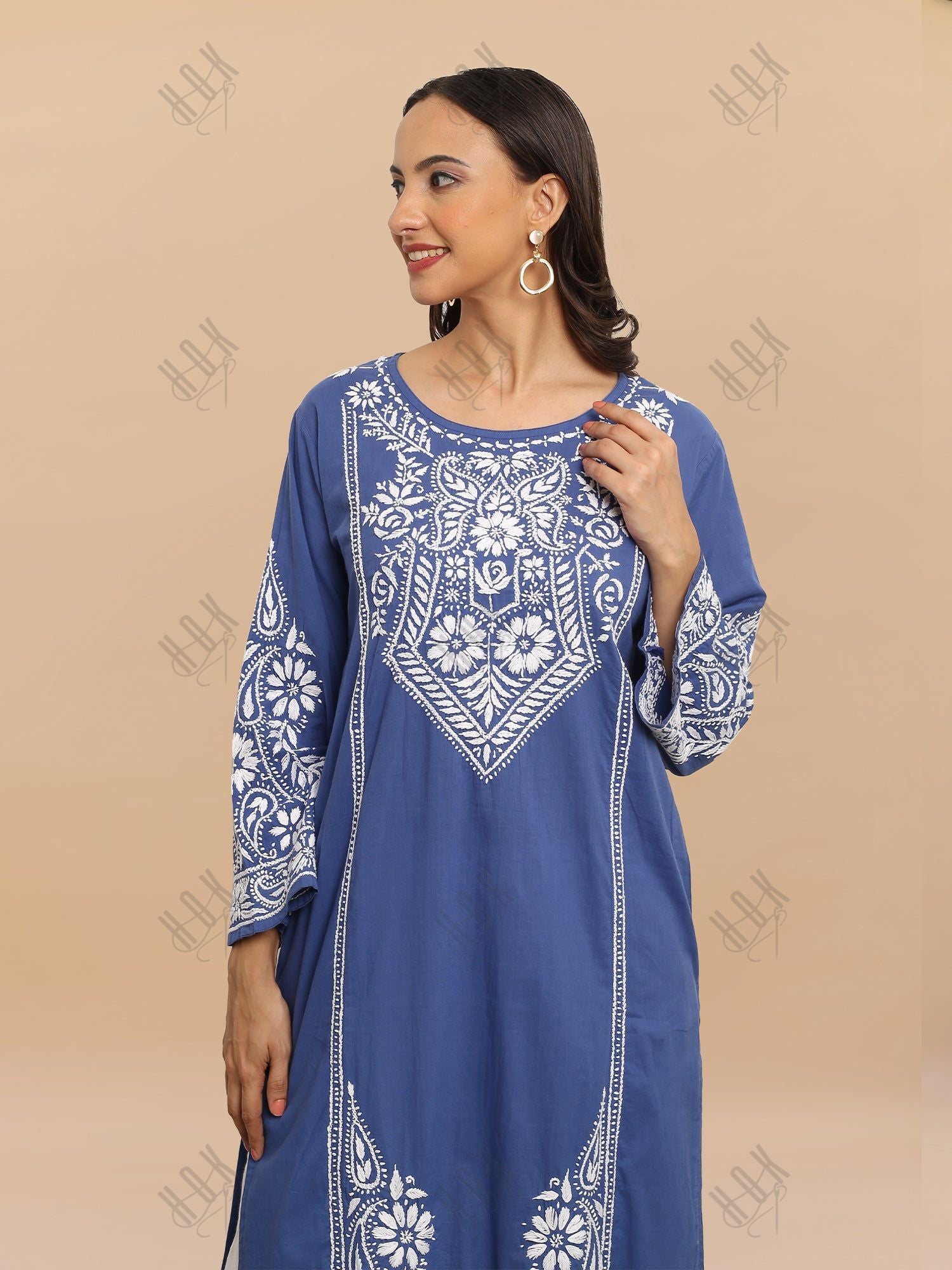 Saba Chikankari Kurti in Cambric Cotton - Blue