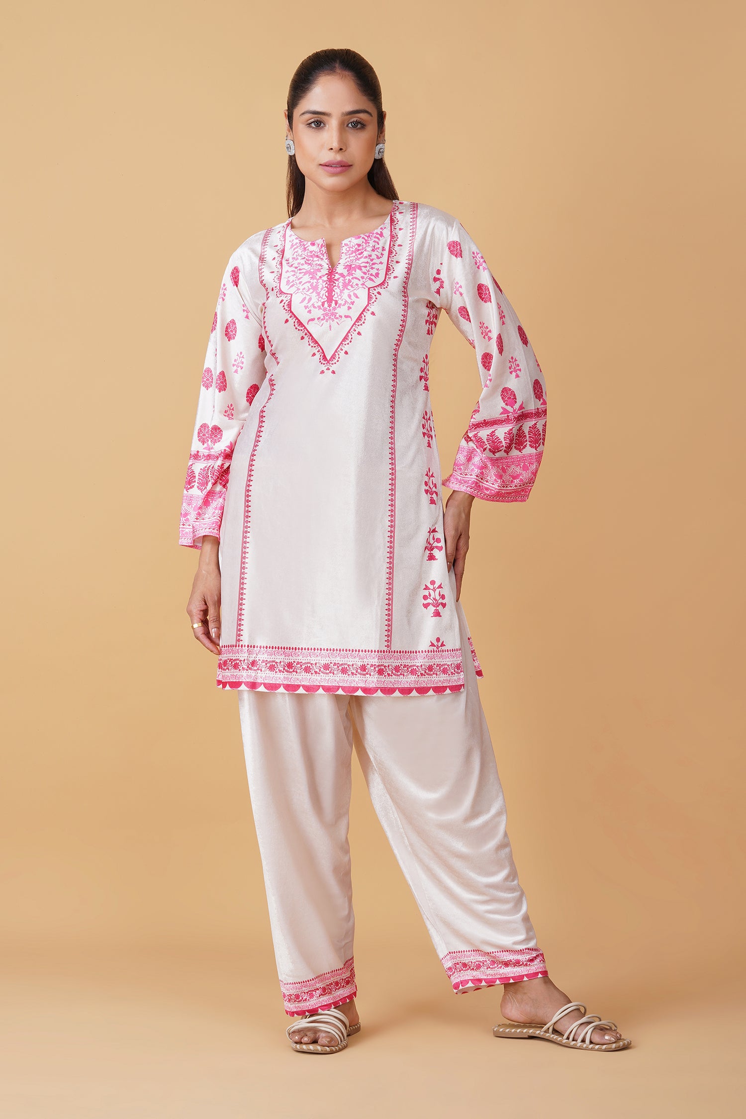 Velvet Printkari Coord Set with Straight Bottoms – Ivory & Pink