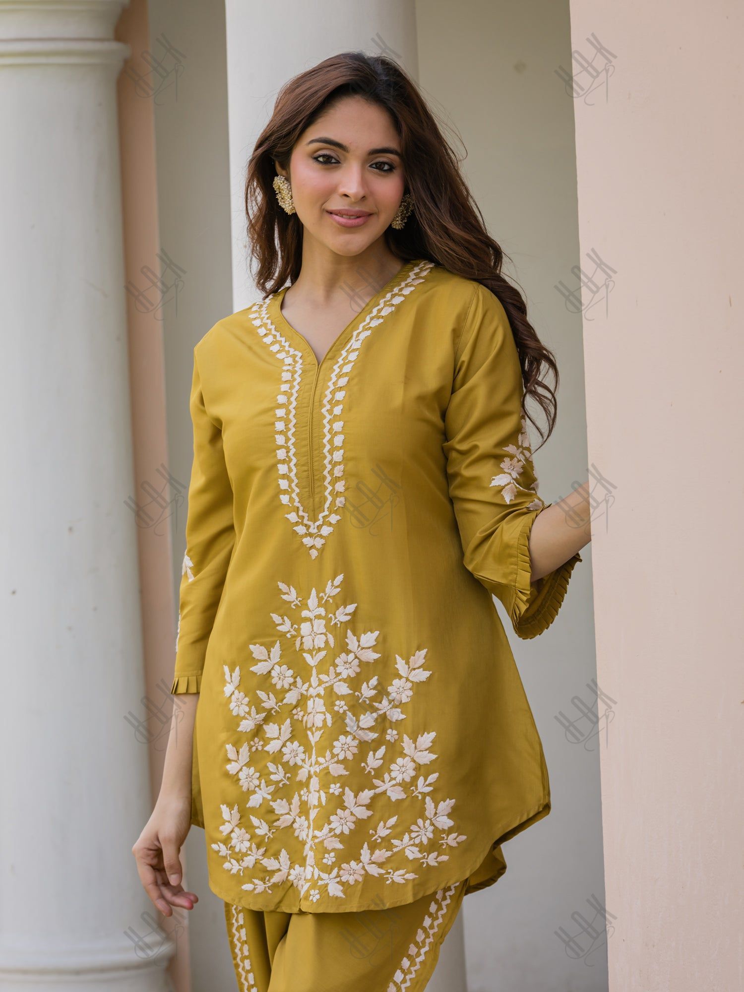 Saba Chikankari Kurta Set in Habutai Silk - Mustard