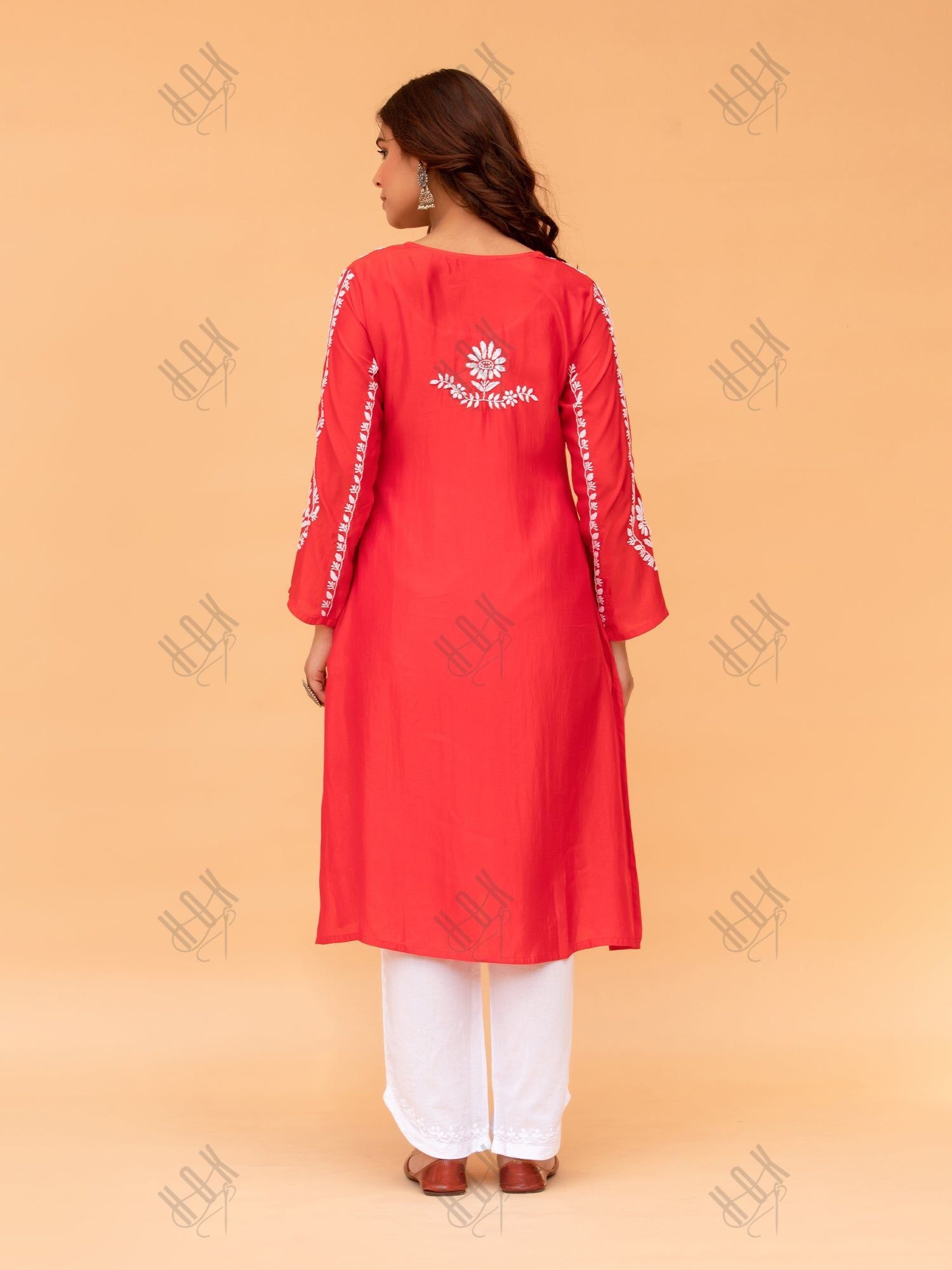 Saba Chikankari Long Kurta in Barfi Silk - Red