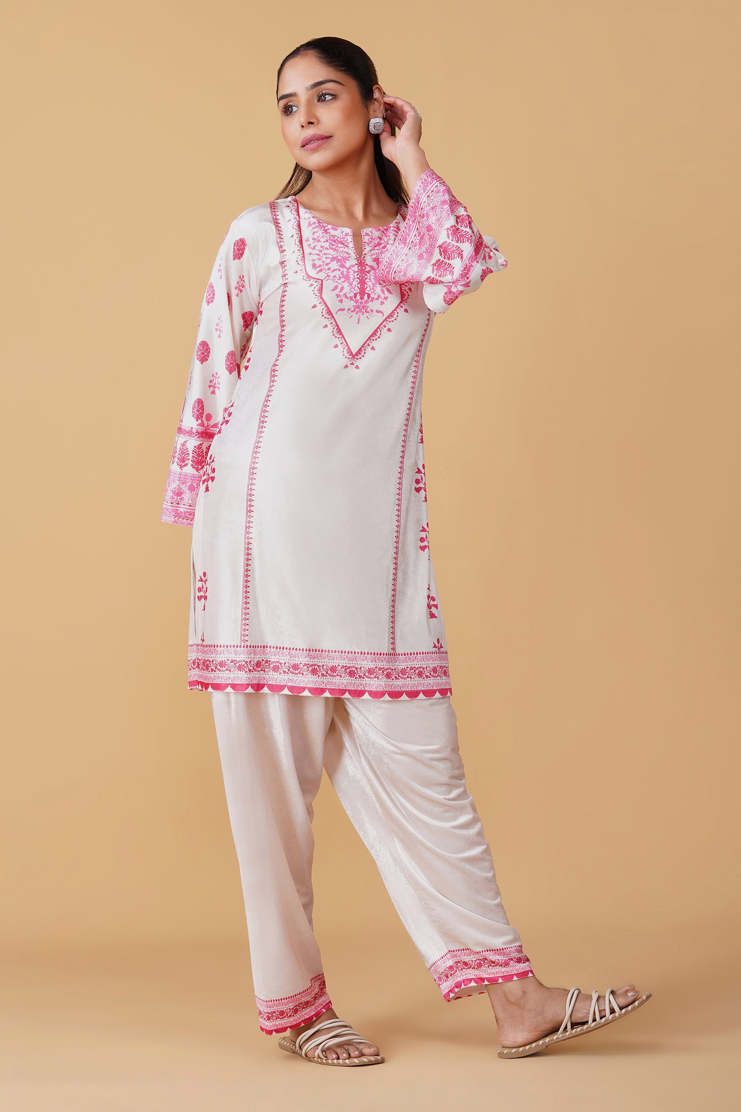 Velvet Printkari Coord Set with Straight Bottoms – Ivory & Pink