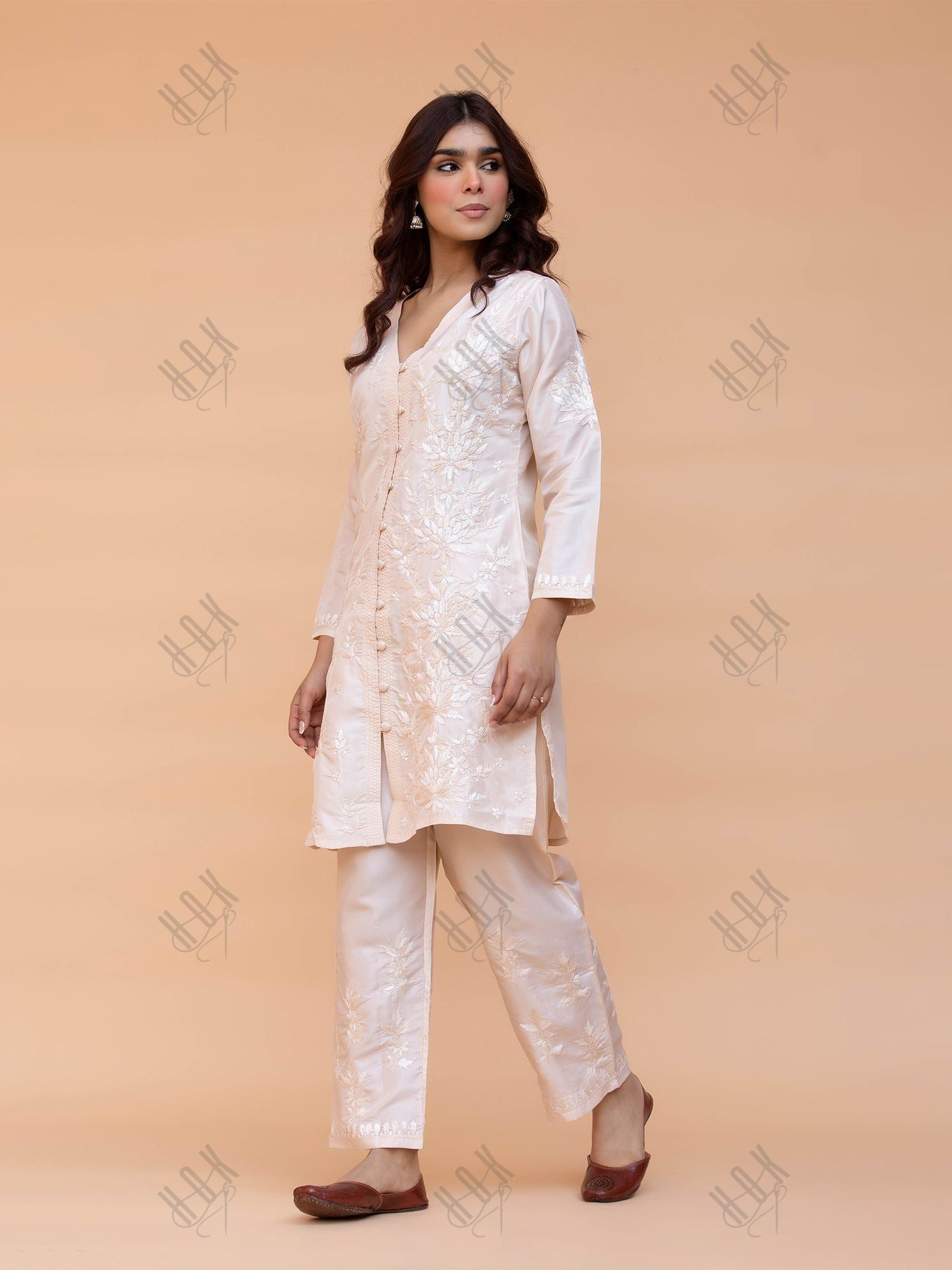 Saba Chikankari Kurta Set in Habutai Silk - Cream