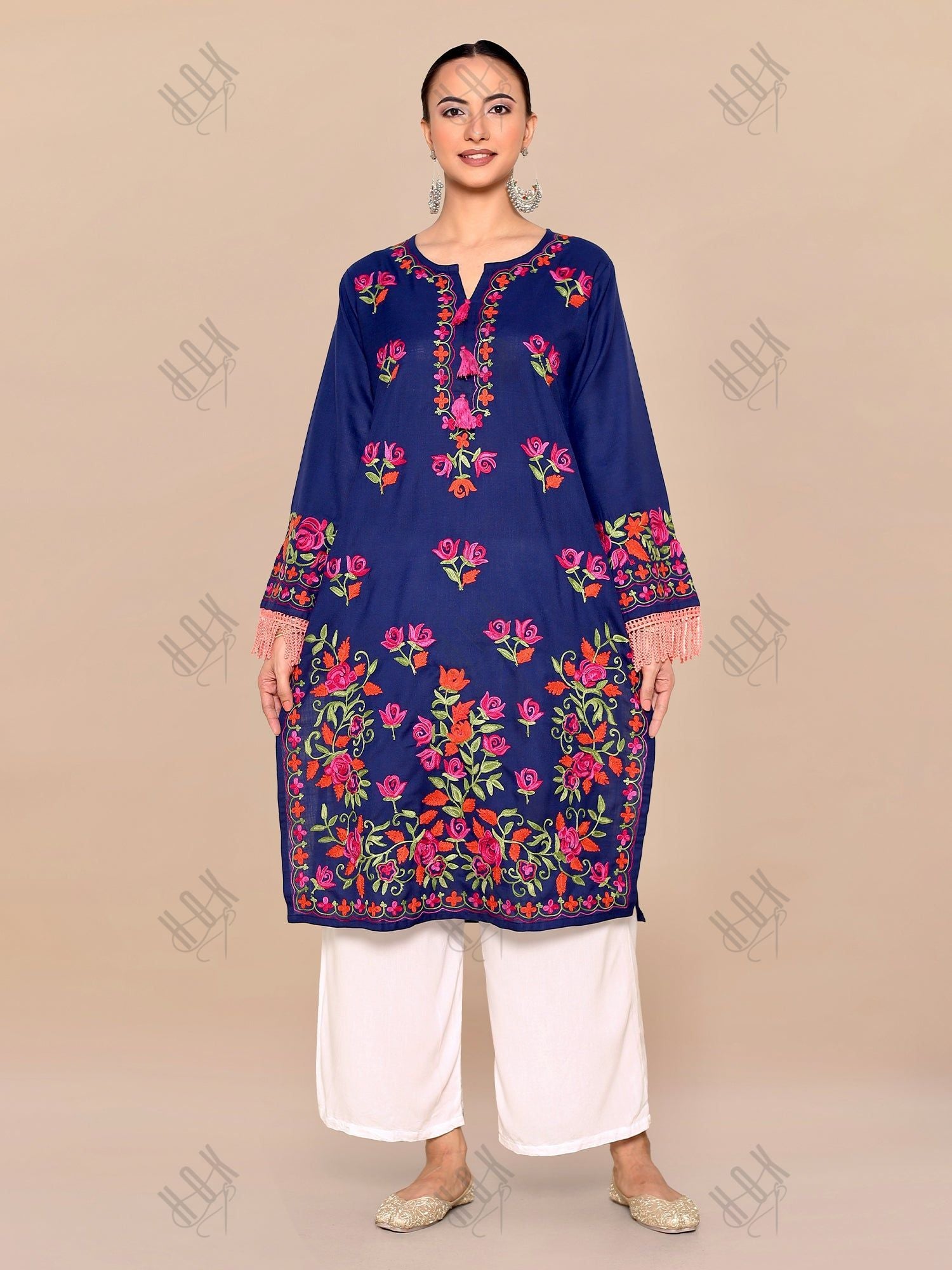 Nikita in Falak Kashmiri Long Kurta- Navy Blue