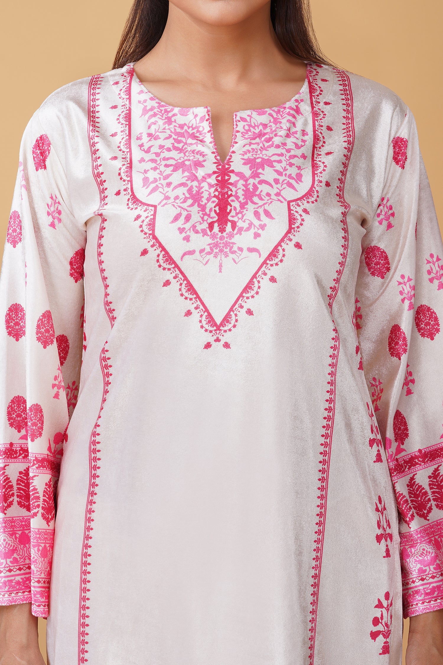 Velvet Printkari Coord Set with Straight Bottoms – Ivory & Pink