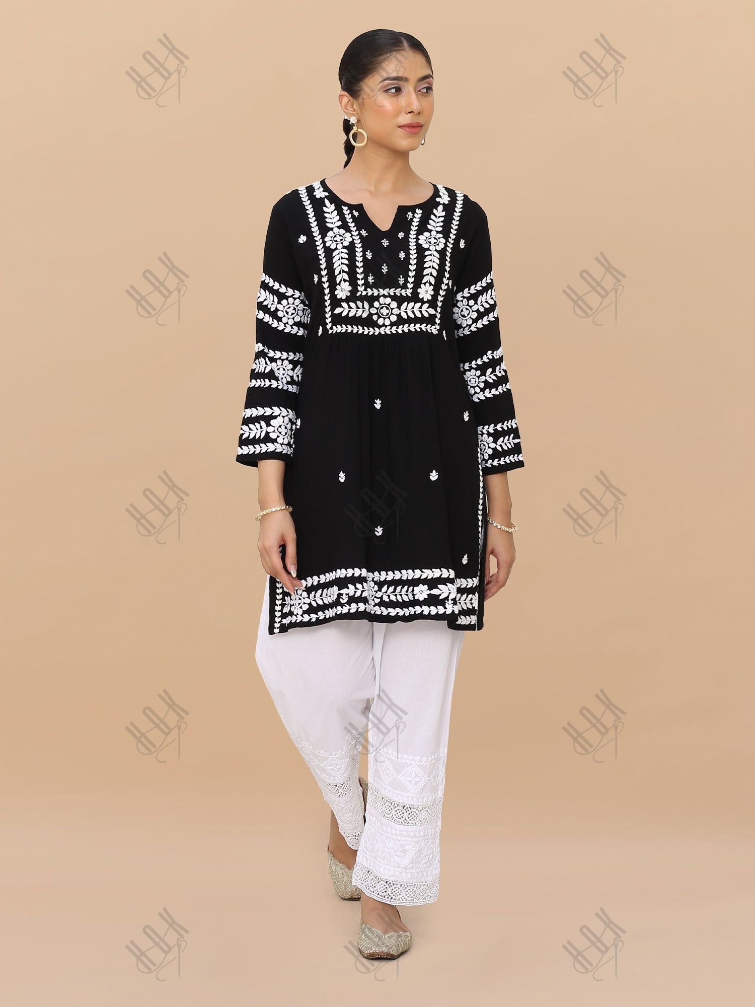 Saba Chikankari Short Kurta in Rayon cotton - Black With White