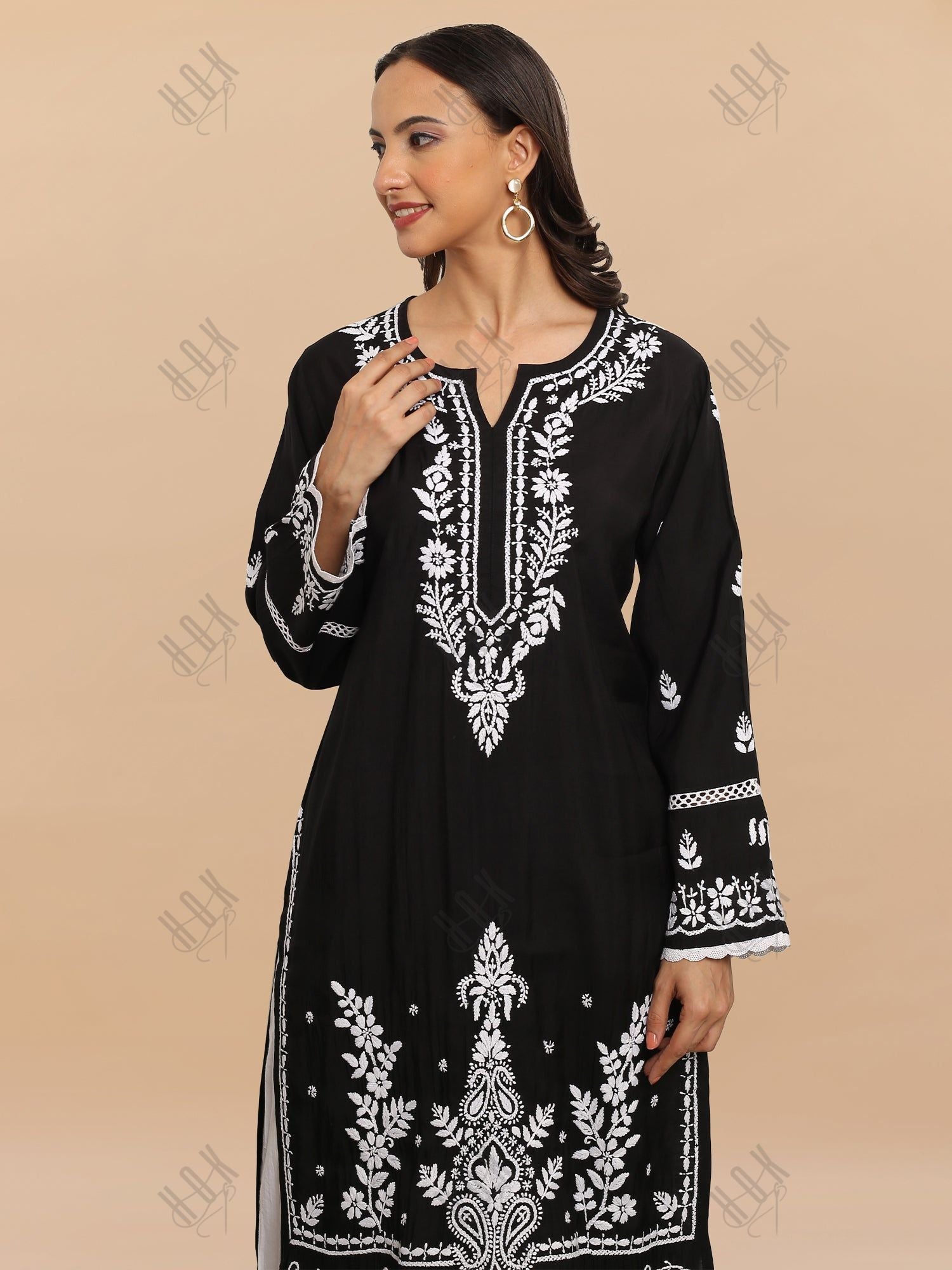 Saba Chikankari Long kurta  in Modal Silk - Black