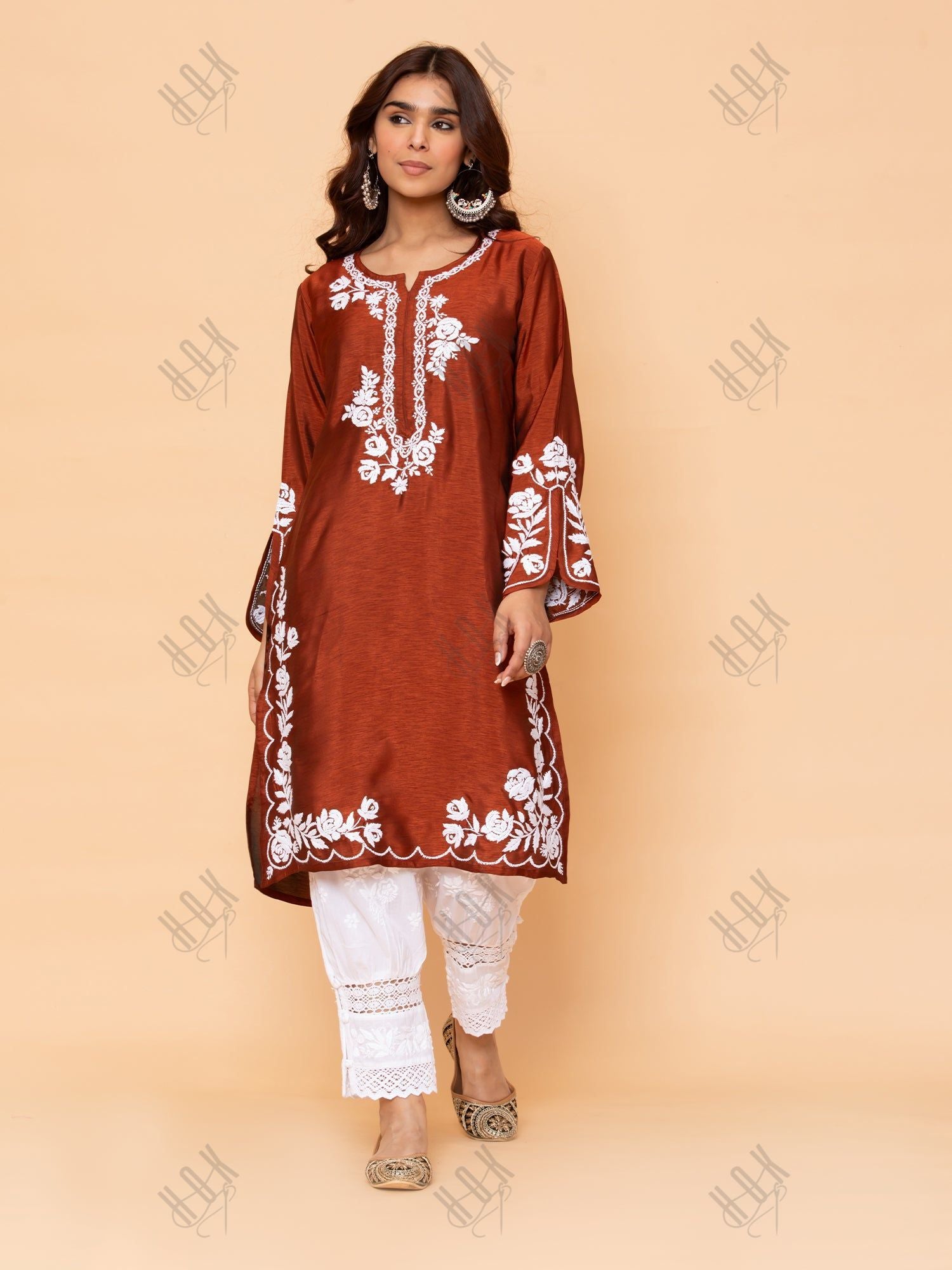 Saba Chikankari Long Kurta in Barfi Silk - Chutney