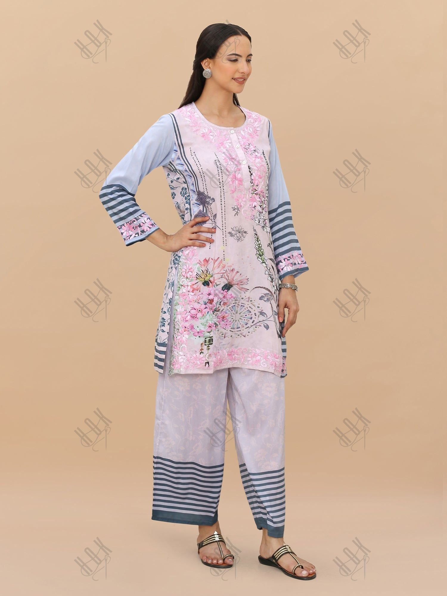 Saba Chikankari Set in Printed Polysilk - Pink Blue