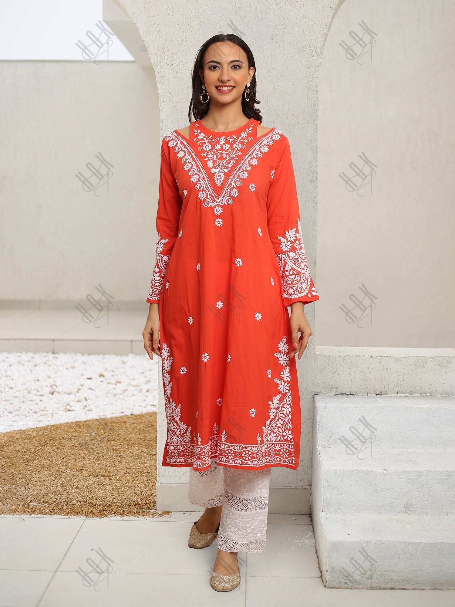 Saba Chikankari Long kurta in cotton - Red Orange