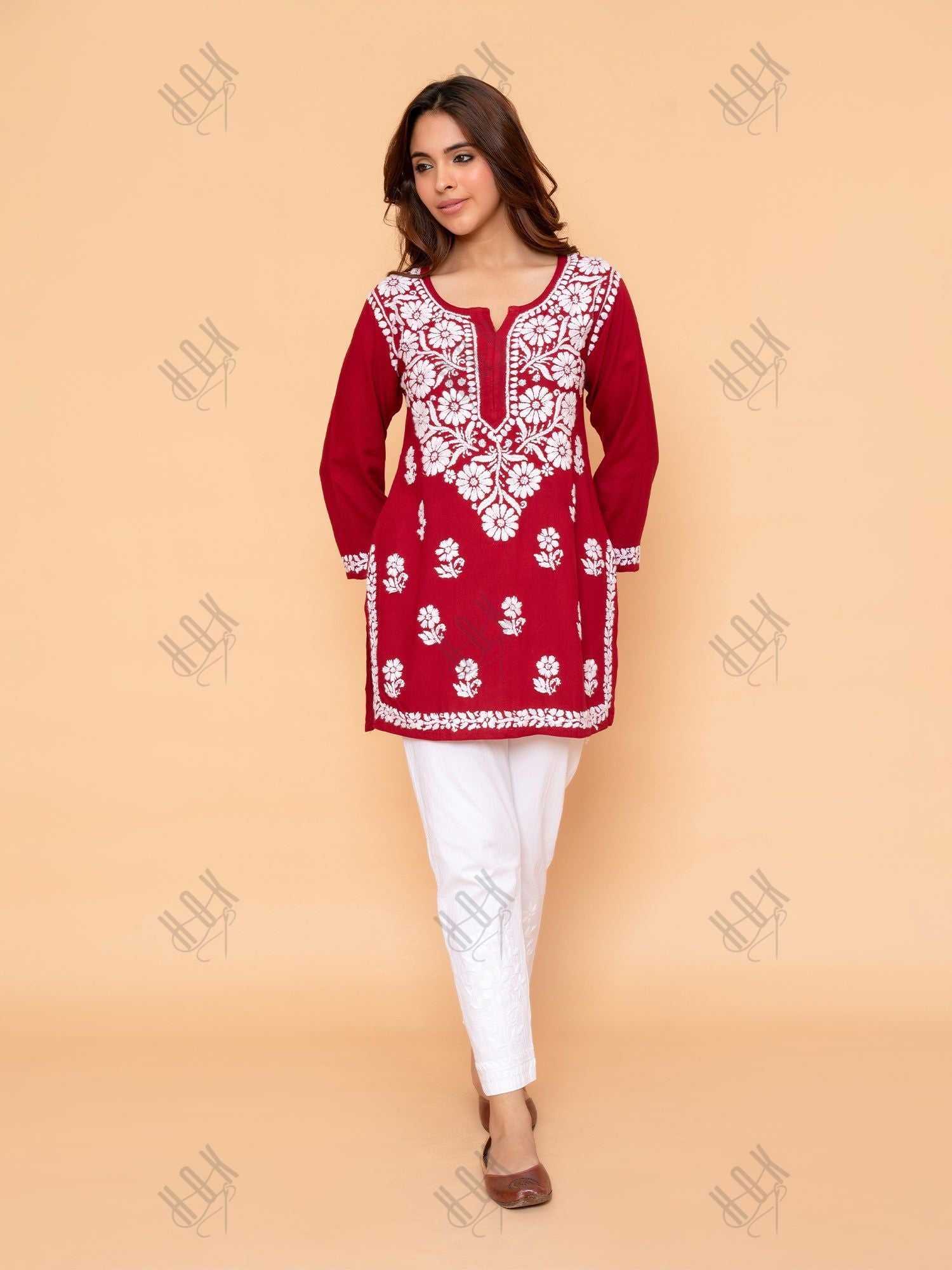 Saba Chikankari Short Kurta in Rayon cotton - Maroon