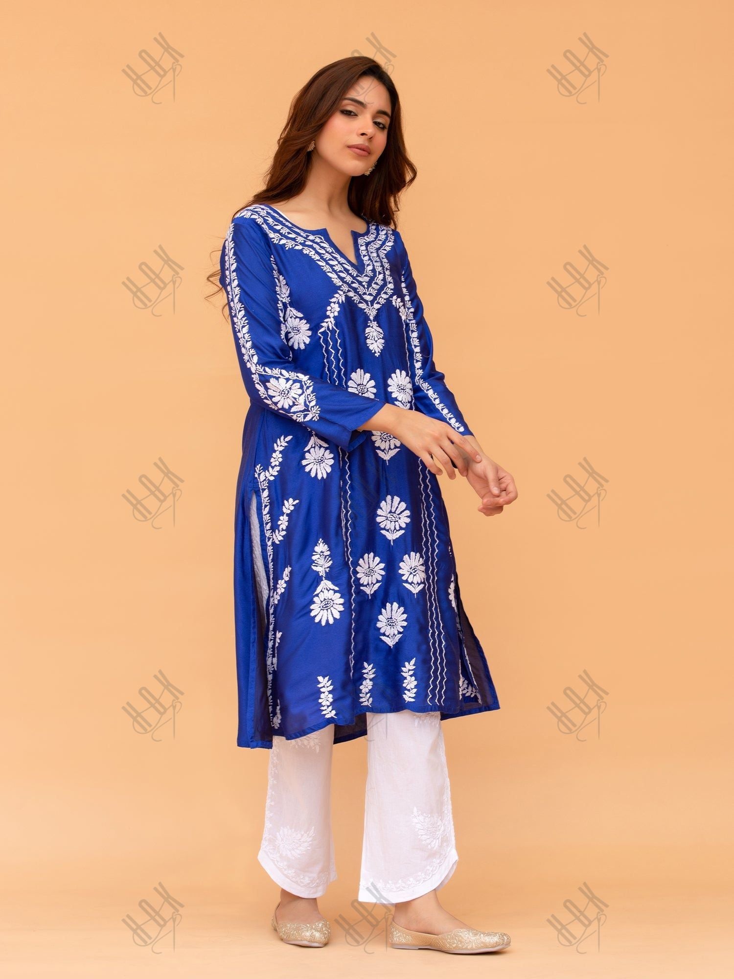 Kanchan in Saba Chikankari Long Kurta in Barfi Silk - Blue