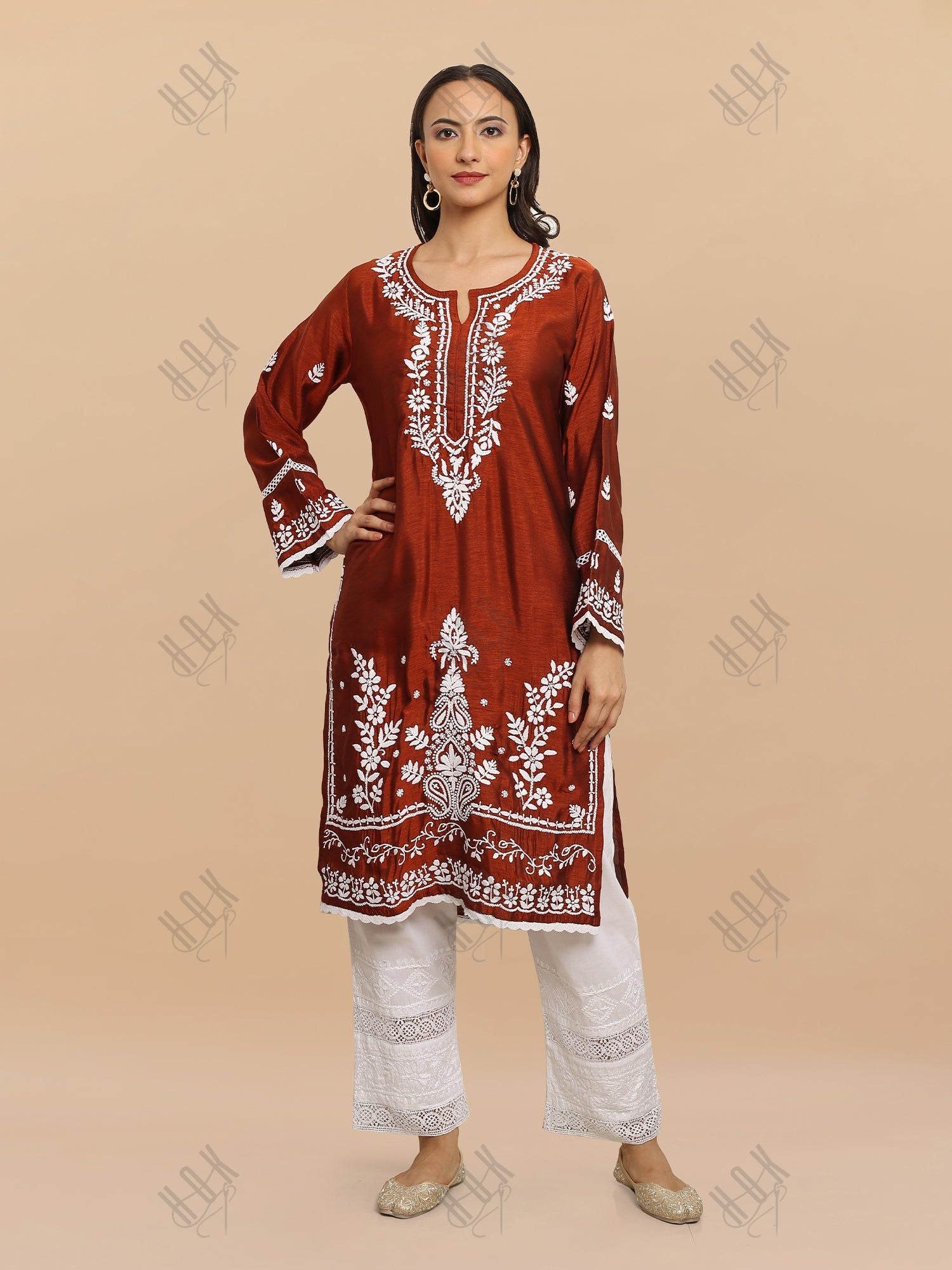 Saba Chikankari Long Kurta in Barfi Silk - Chutney