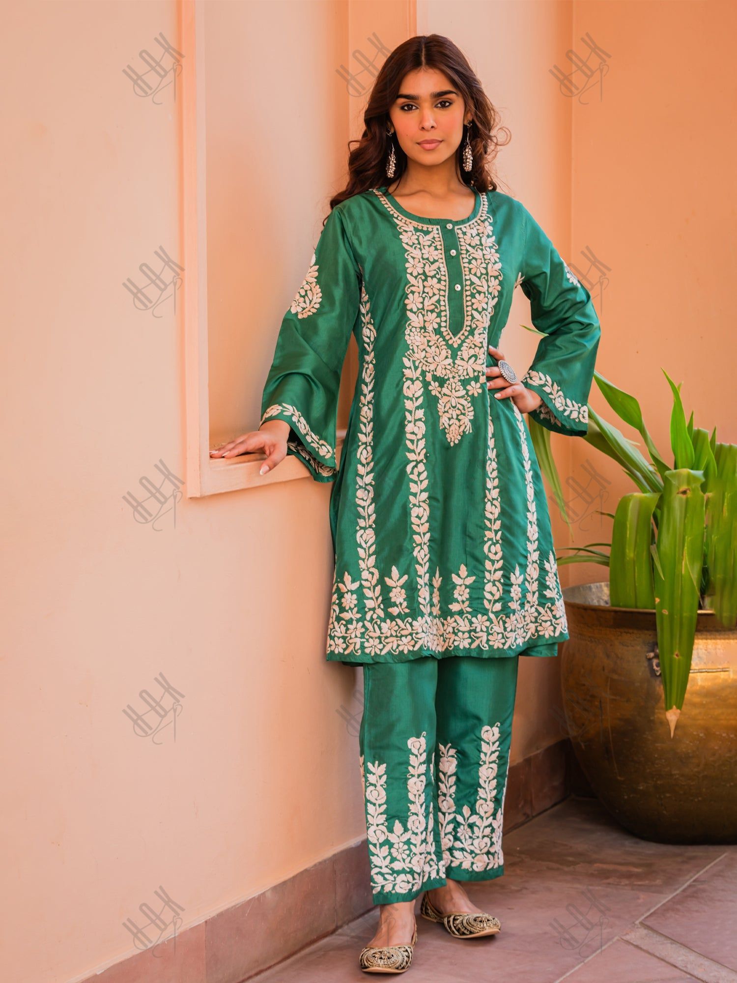 Saba Chikankari Kurta Set in Habutai Silk - Green