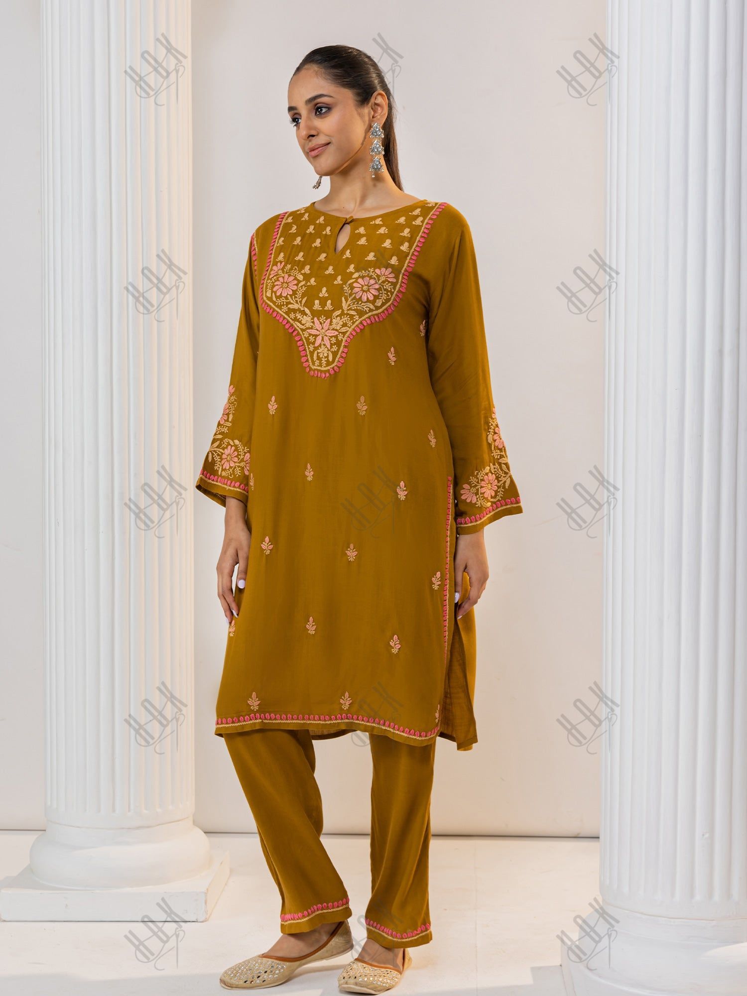 Saba Chikankari Notch Neck Cotton Silk Kurta Set for Women - Mustard