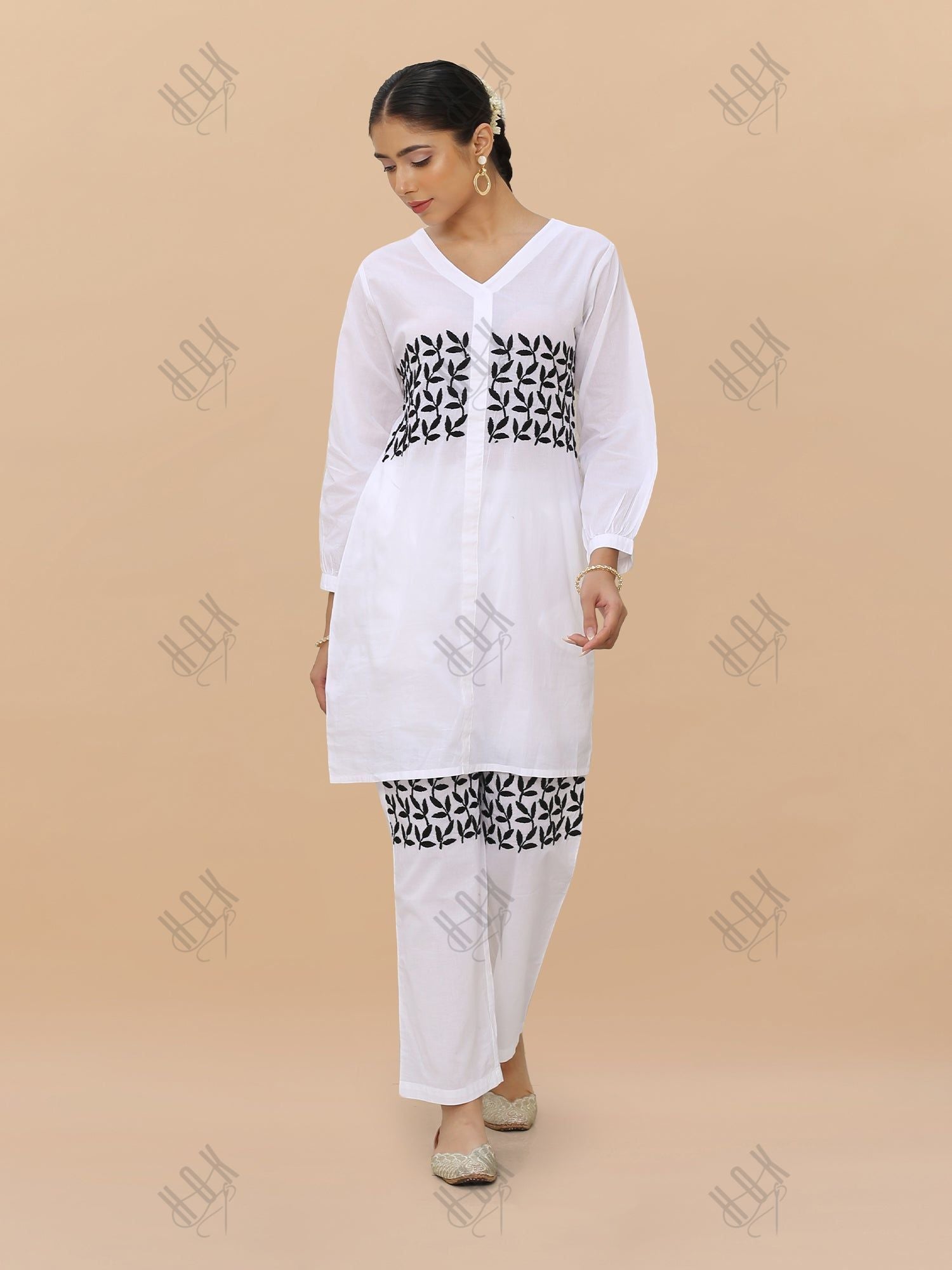 Saba Chikankari Cord Set in Cambric cotton - White with Black