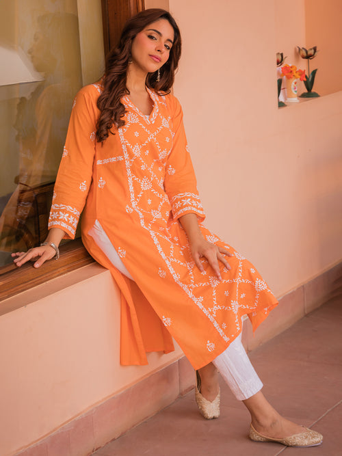 Saba Chikankari kurta in cotton - Orange
