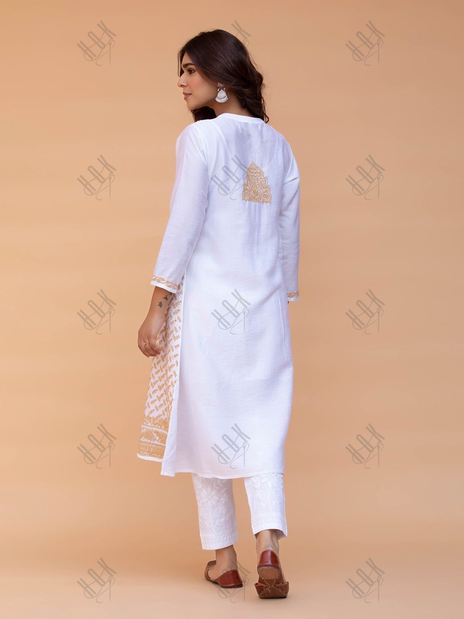 Saba Chikankari Long Kurta in Chanderi Silk with Beige