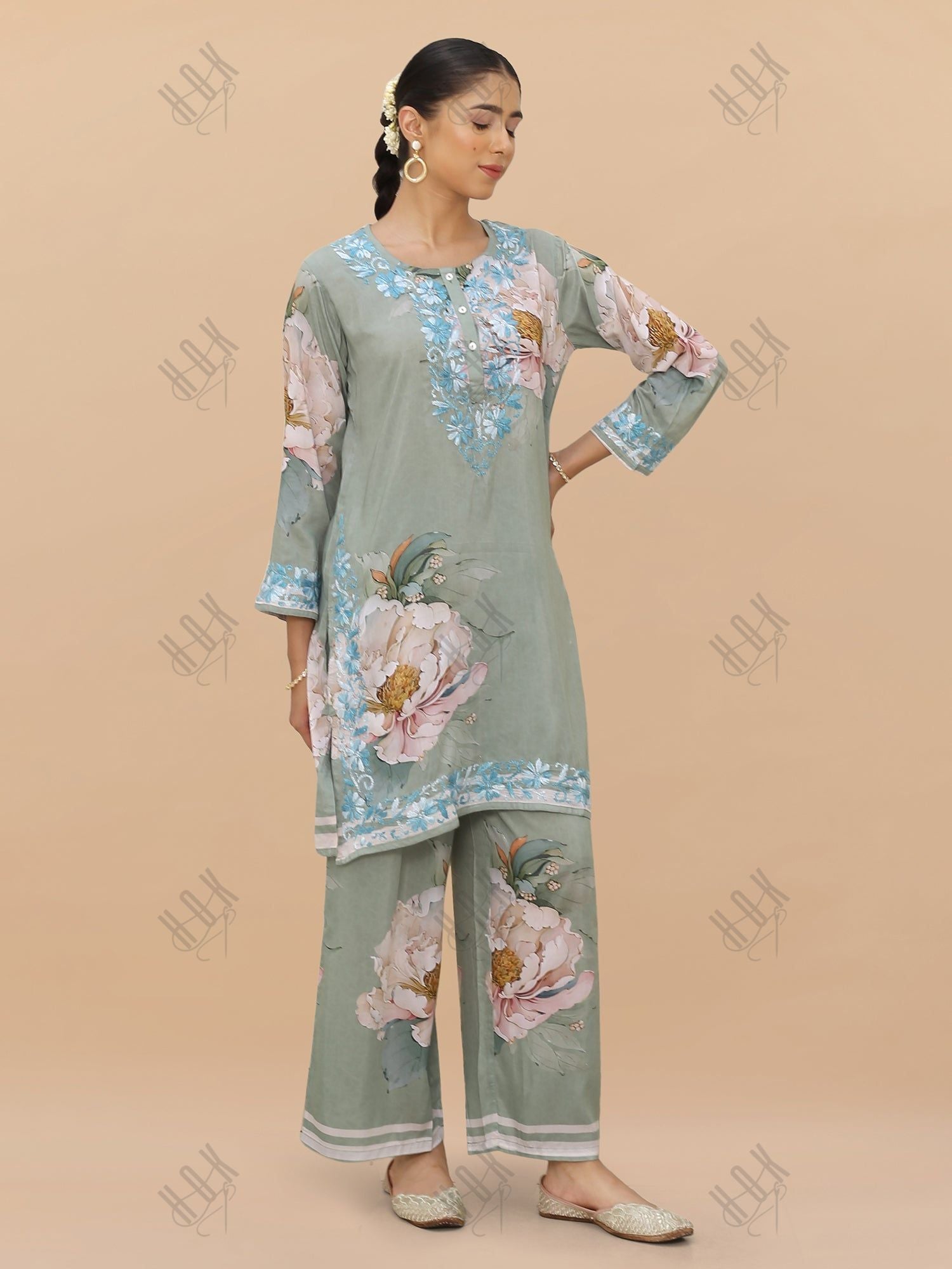 Saba Chikankari Set in Printed Polysilk -  Floral Green