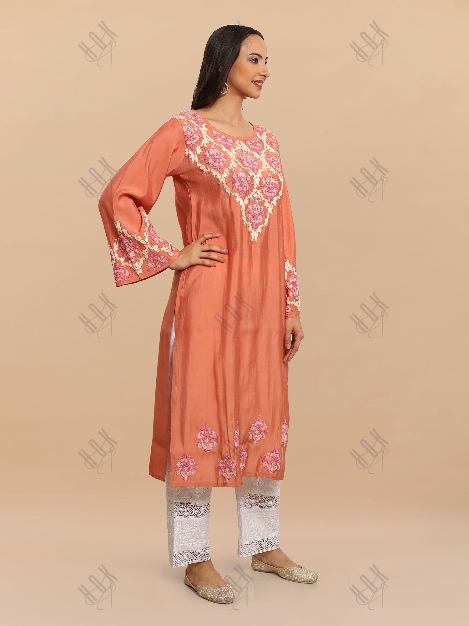 Saba Chikankari Long Kurta in Modal Silk - Peach