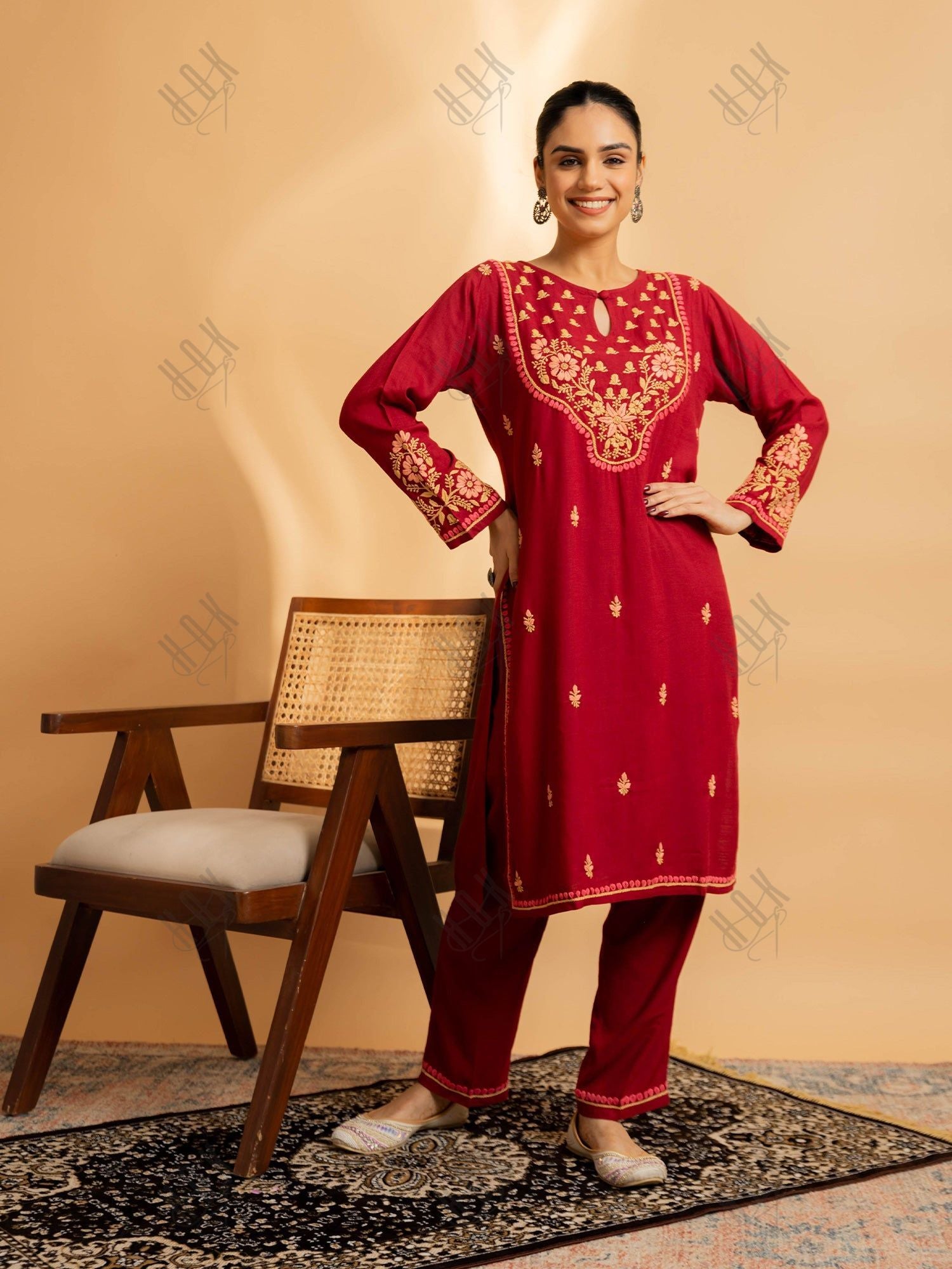 Saba Chikankari Cotton Silk Kurta Set for Women - Maroon