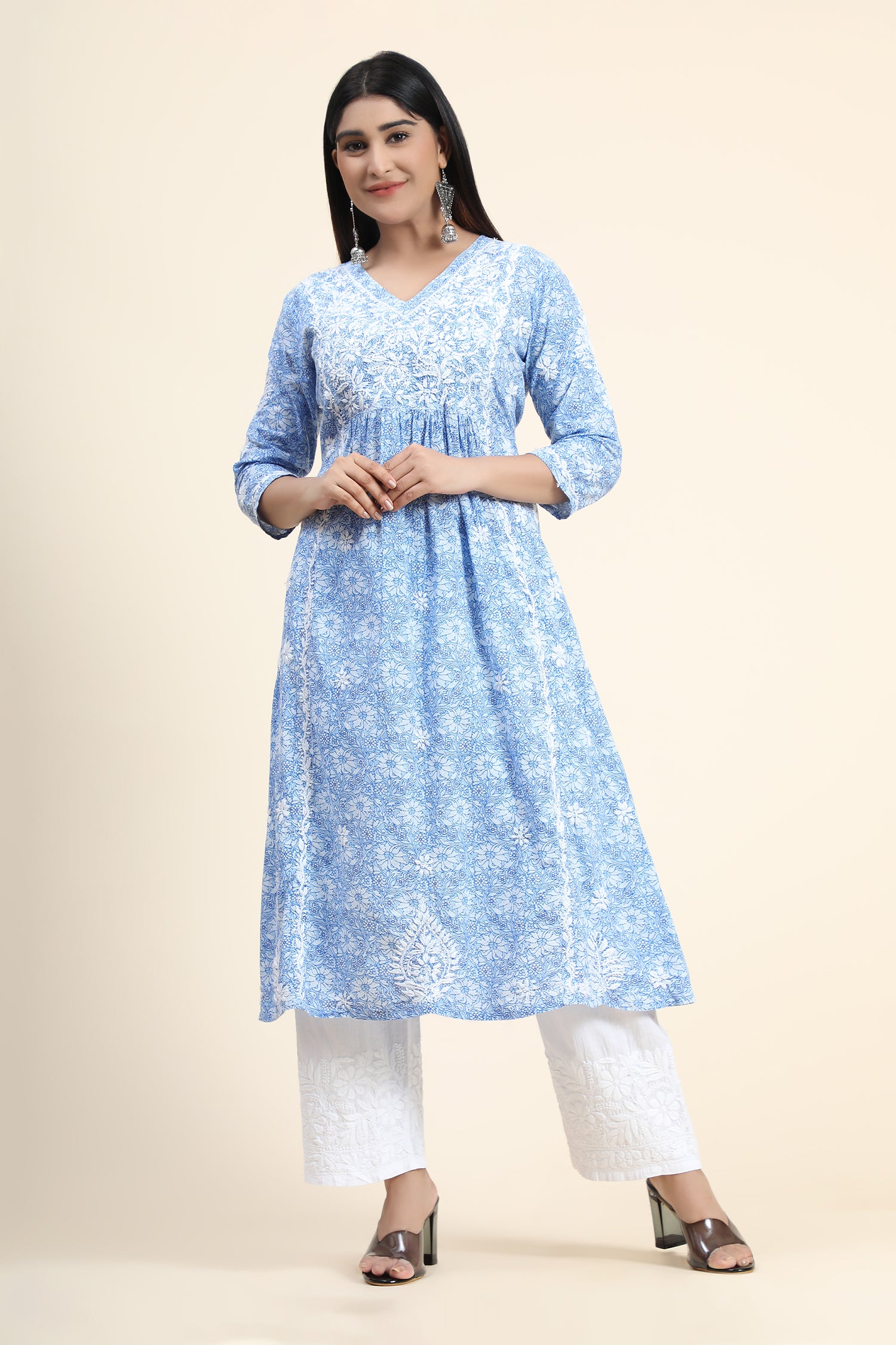 Hand embroidery Chikankari V neck Anarkali Dress | Long Kurti in Cotton For Women