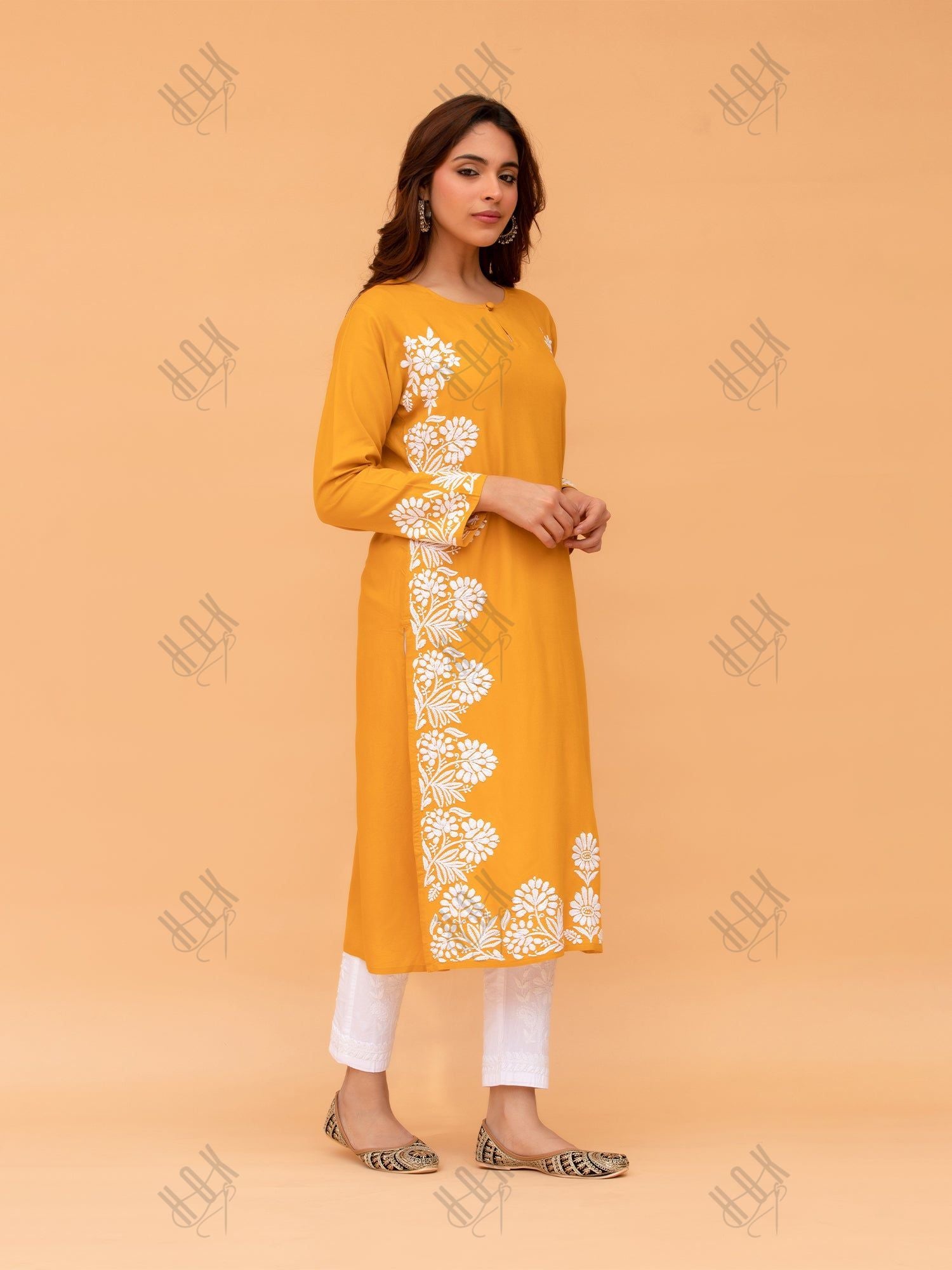 Saba Chikankari Long Kurta in Rayon cotton - Mustard