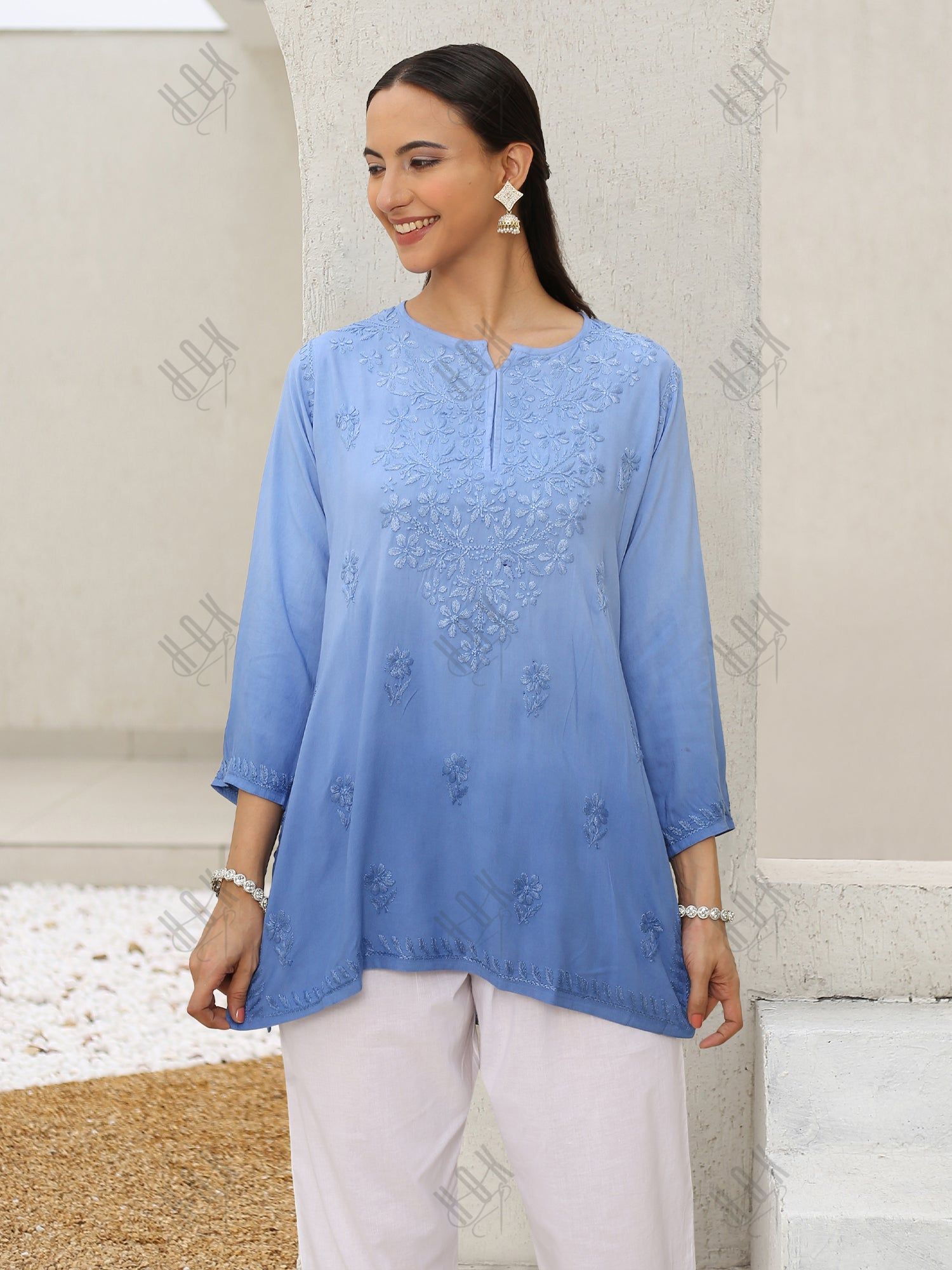 Saba Chikankari Short Kurta in Rayon cotton - Blue