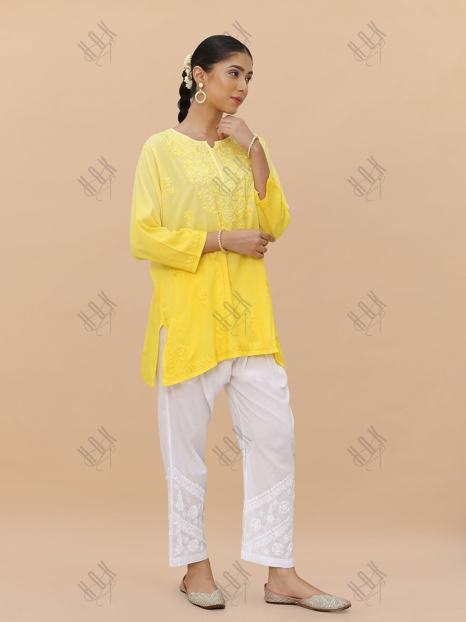 Saba Chikankari Short Kurta in Rayon cotton - Yellow