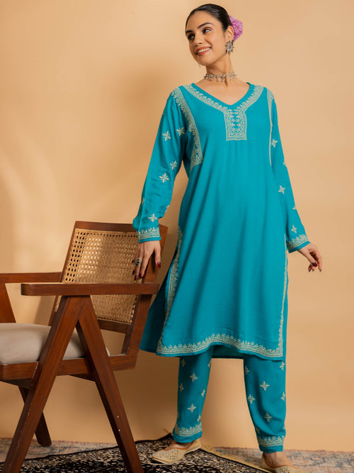 Load image into Gallery viewer, Fizaa&amp;#39;s Chikankari Cord Set for Women - Turquoise blue
