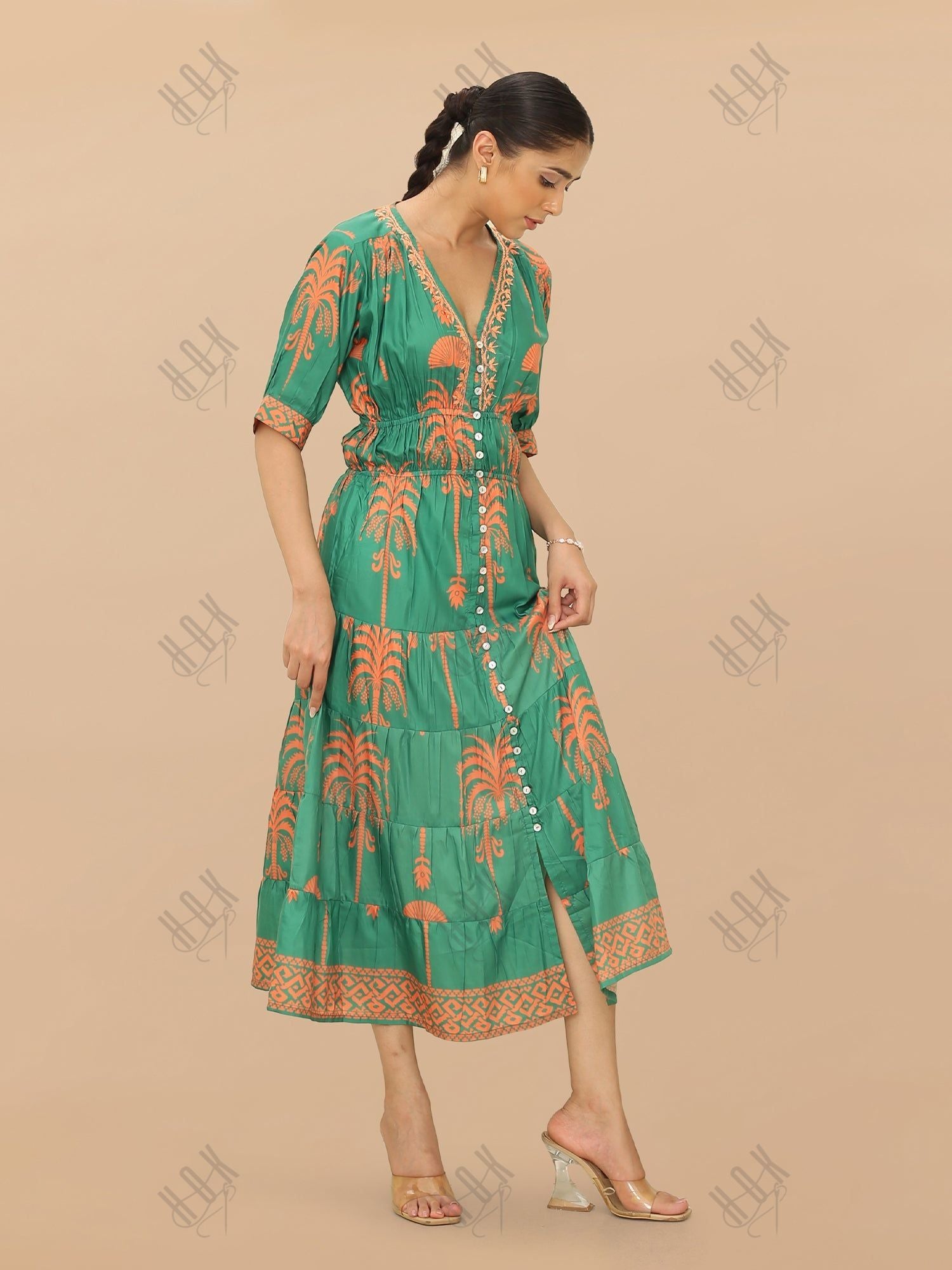 Saba Chikanakri Dress in Printed Muslin  - Green