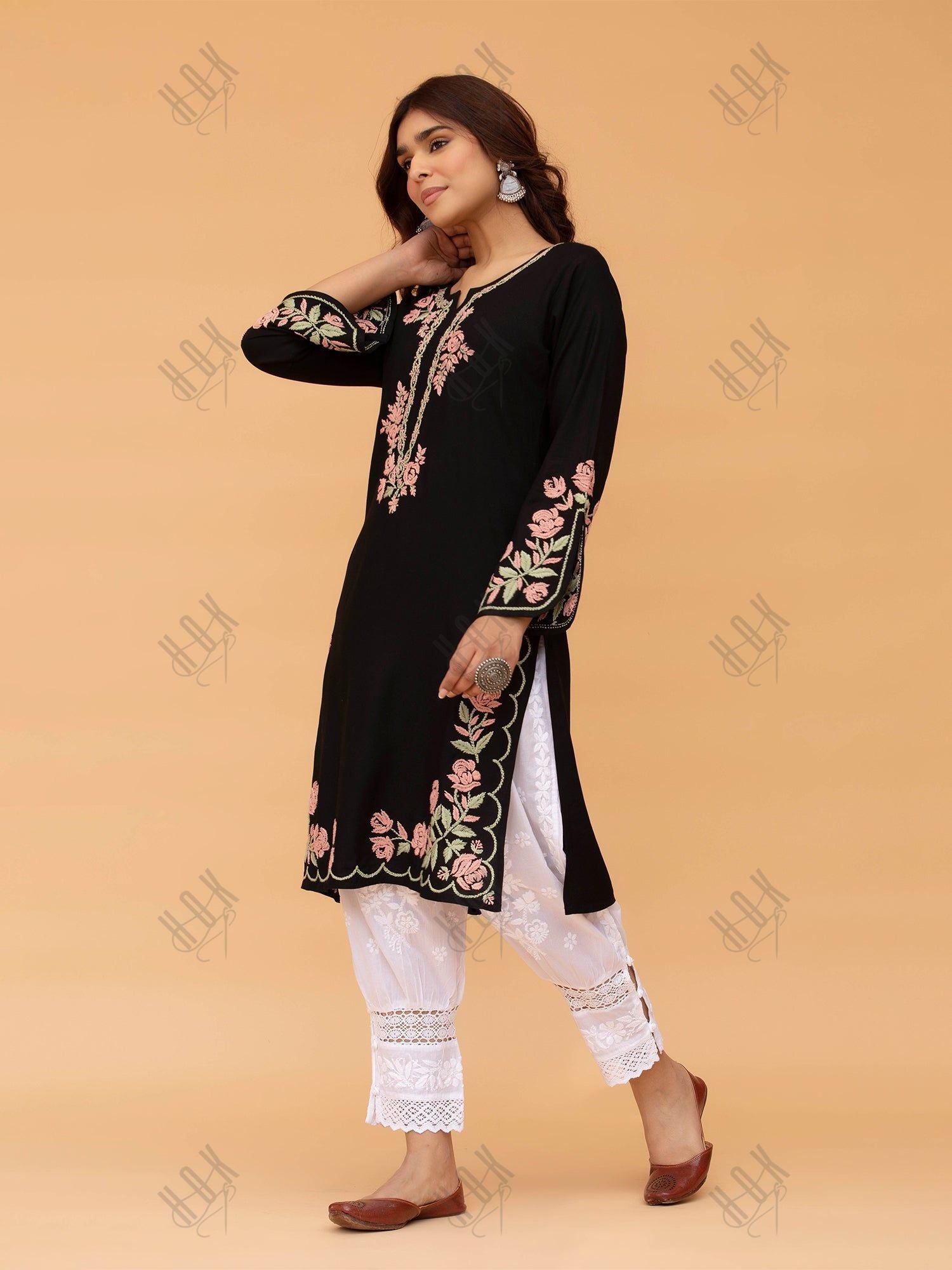 Saba Chikankari Kurta in Rayon Cotton - Black