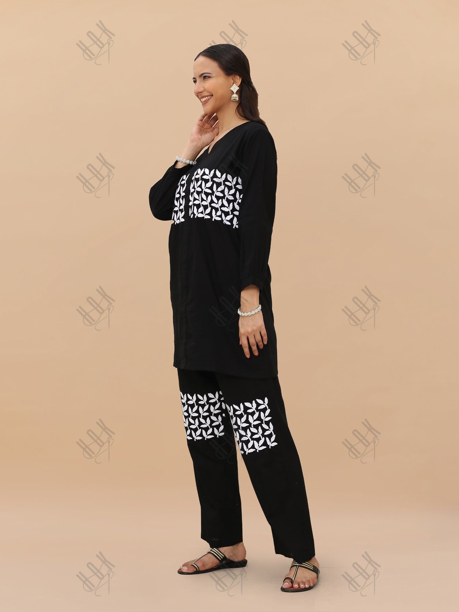 Saba Chikankari Cord Set in Cambric cotton - Black With White