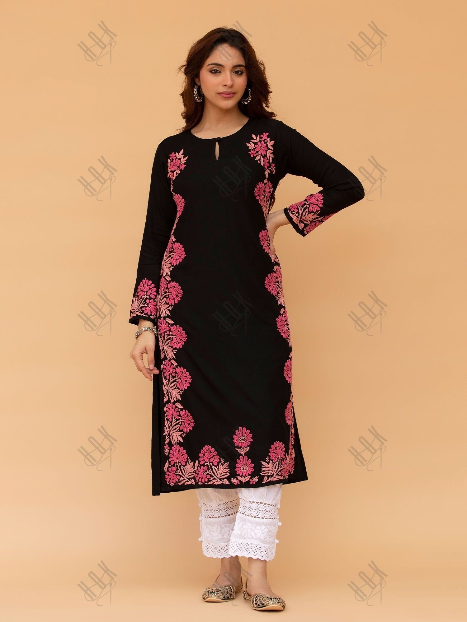 Saba Chikankari Long Kurta in Rayon Cotton - Black